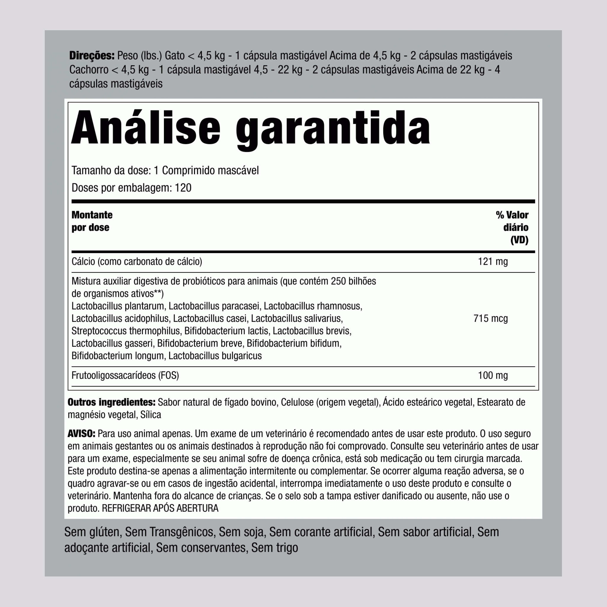 Auxílio digestivo probiótico para cães e gatos 120 Comprimidos mastigáveis       