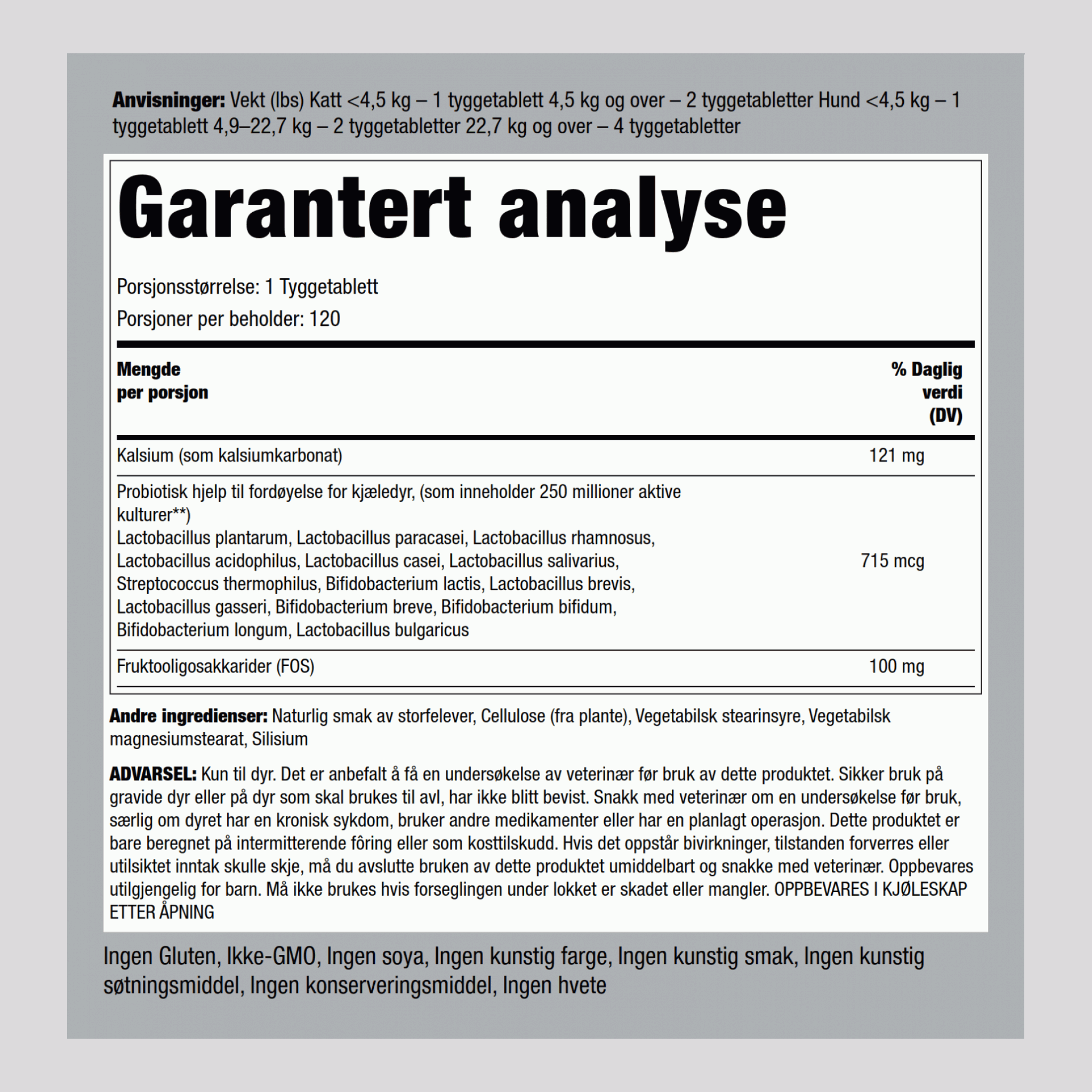 Probiotisk hjelp til fordøyelse for hunder og katter 120 Tabletter som kan tygges       