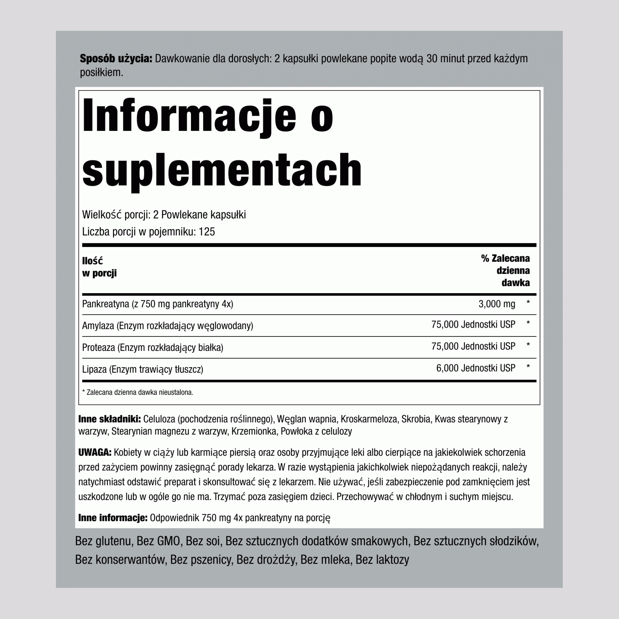 Enzym pankreatyny o wzmocnionym działaniu  3000 mg (na porcję) 250 Powlekane kapsułki     