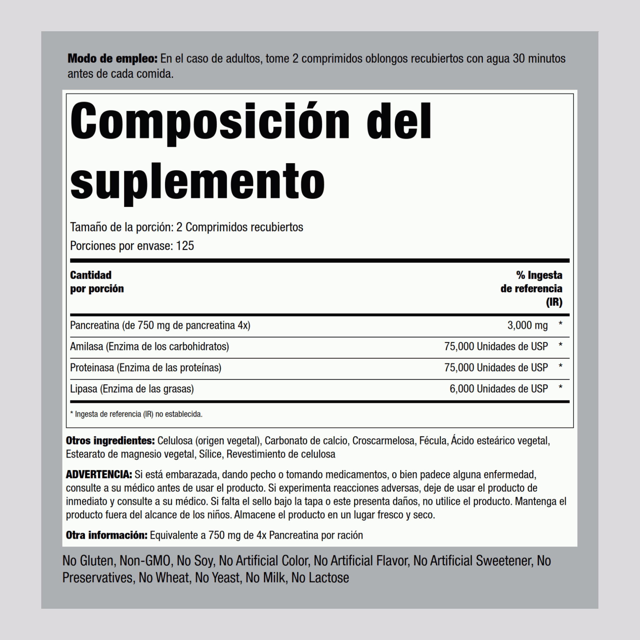 Encima pancreatina doble acción  3000 mg (por porción) 250 Comprimidos recubiertos     