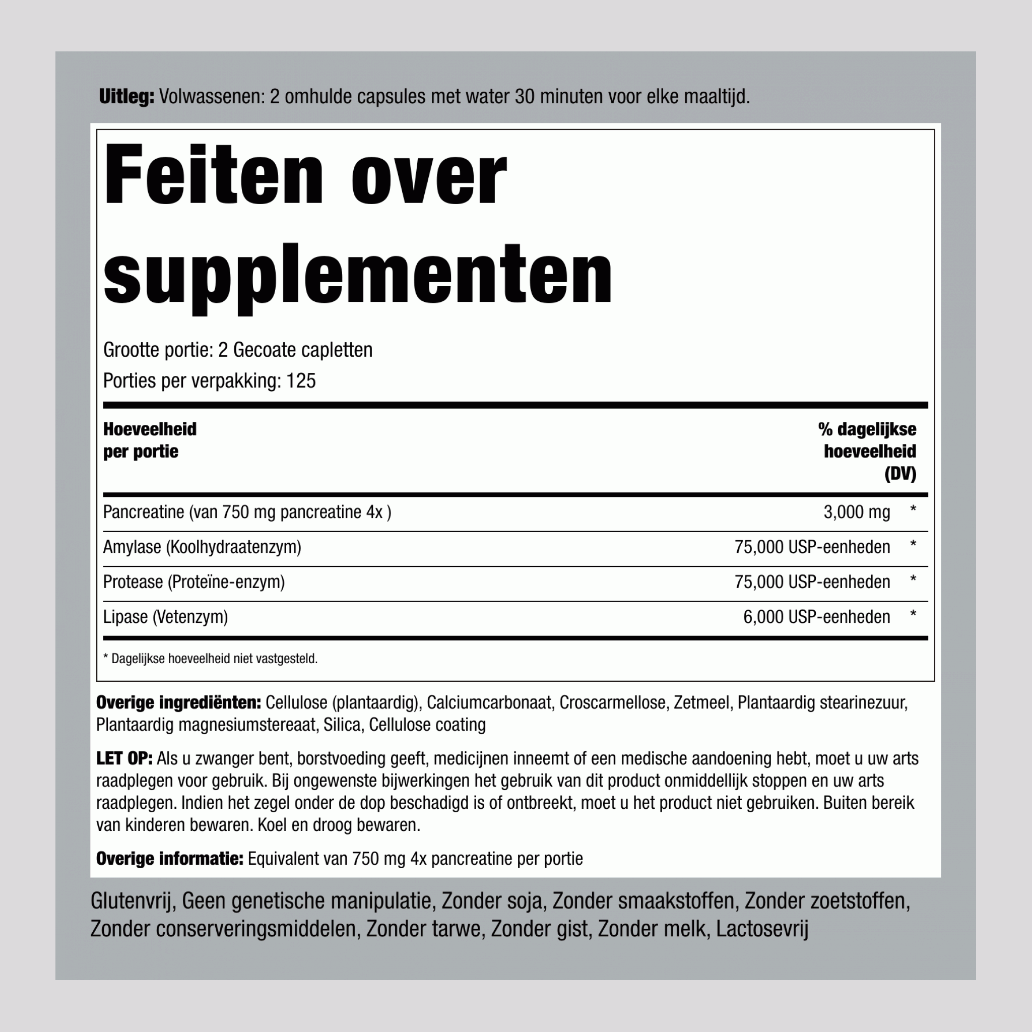 Ultra sterk pancreatine-enzym  3000 mg (per portie) 250 Gecoate capletten 2 Flessen   