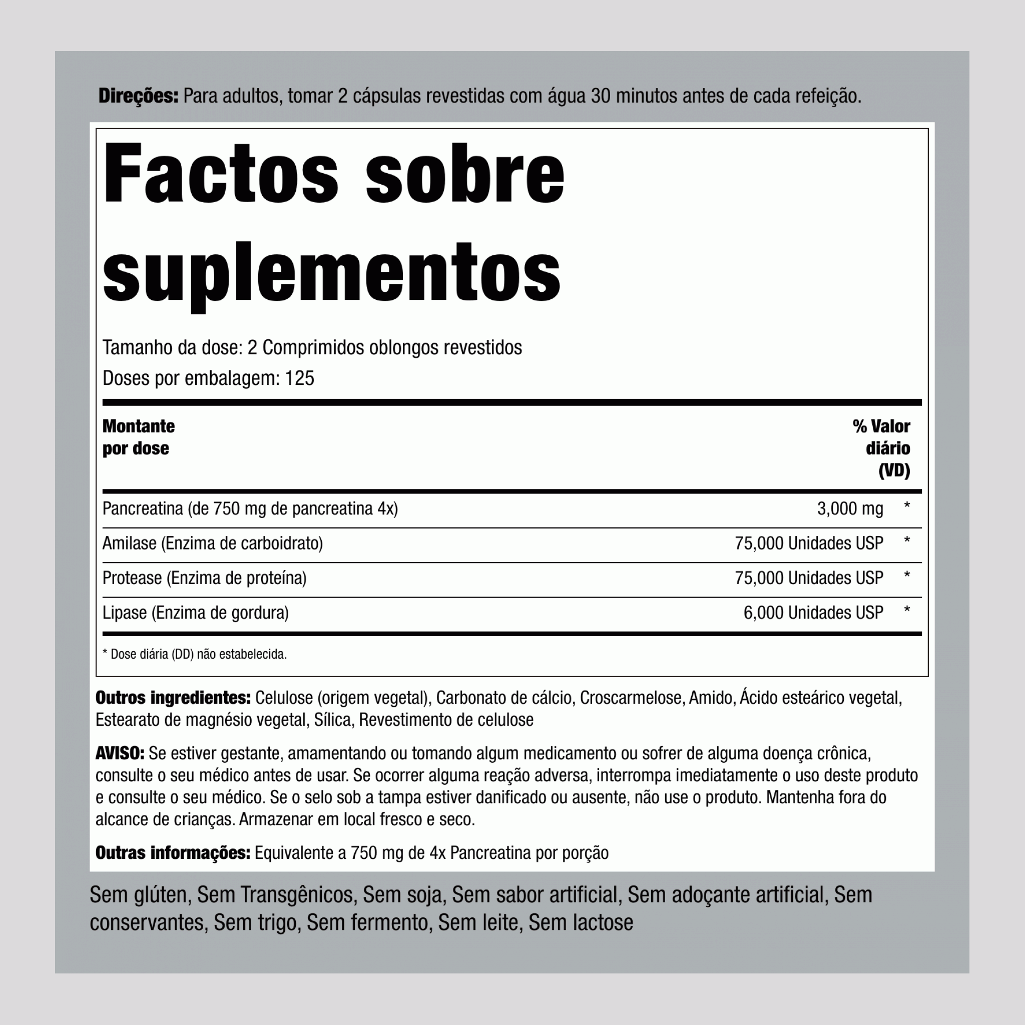 Enzima pancreatina ultra potente  3000 mg (por dose) 250 Comprimidos oblongos revestidos 2 Frascos   