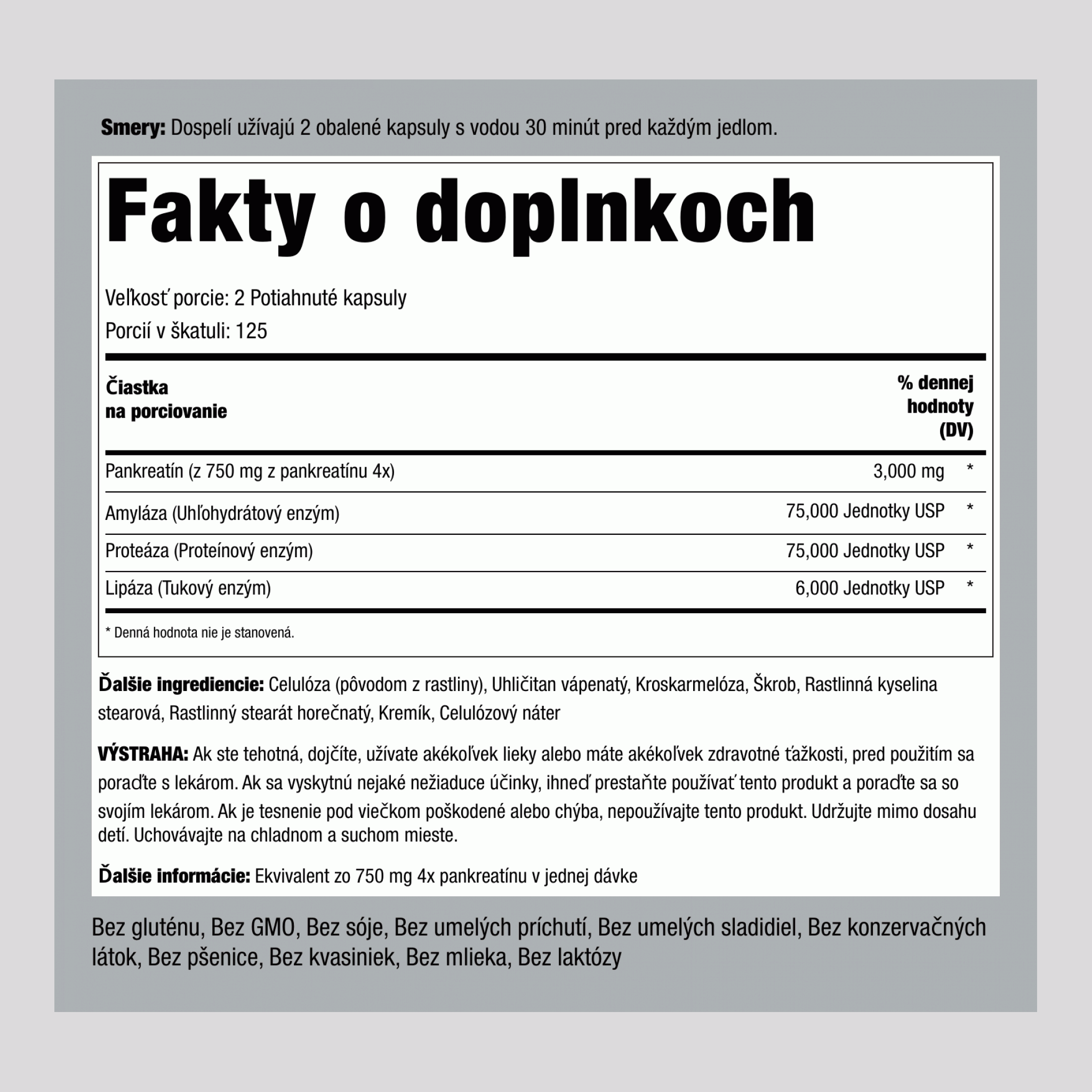 Ultra silný pankreatínový enzým  3000 mg (v jednej dávke) 250 Potiahnuté kapsuly 2 Fľaše   