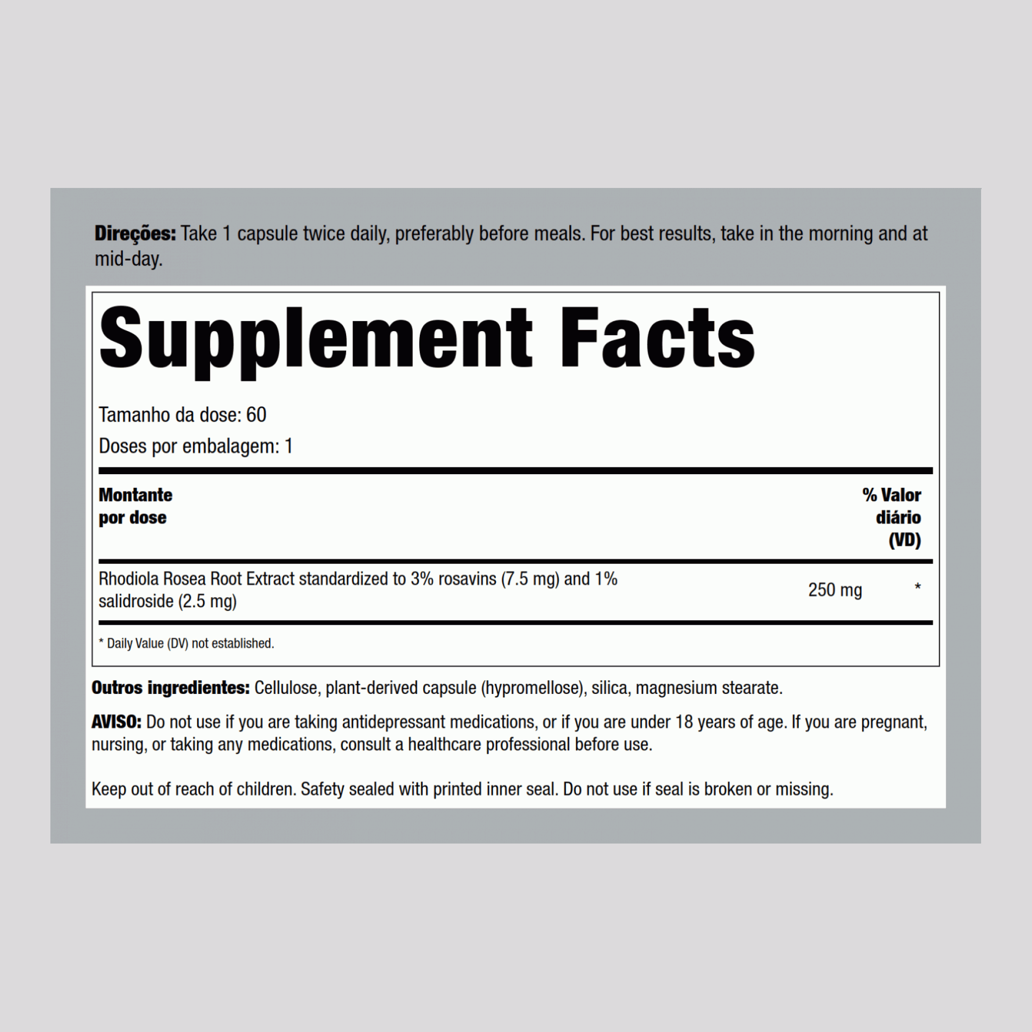 Rhodiola, 250 mg (por dose), 60 Cápsulas veganas