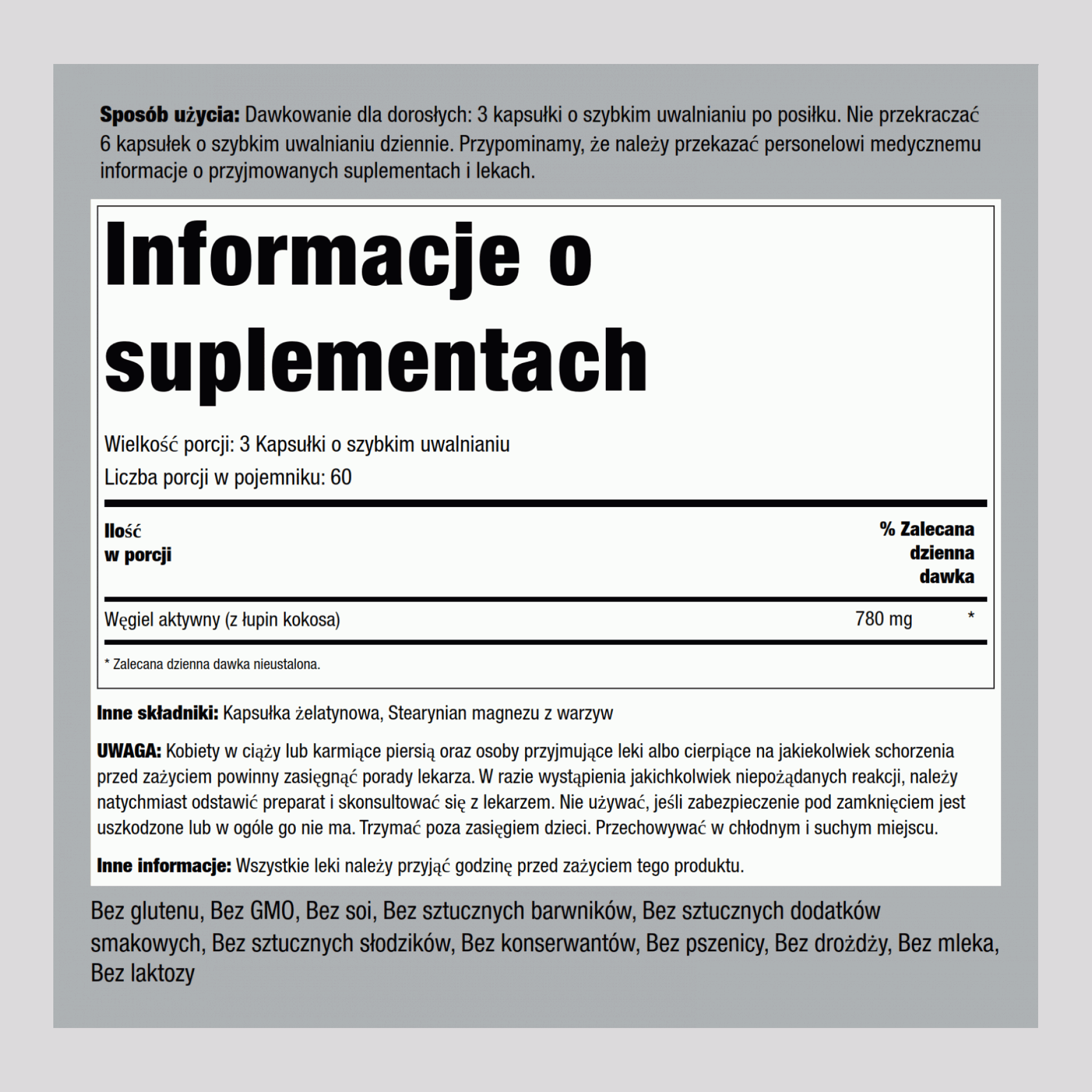 Węgiel aktywny  780 mg (na porcję) 180 Kapsułki o szybkim uwalnianiu     