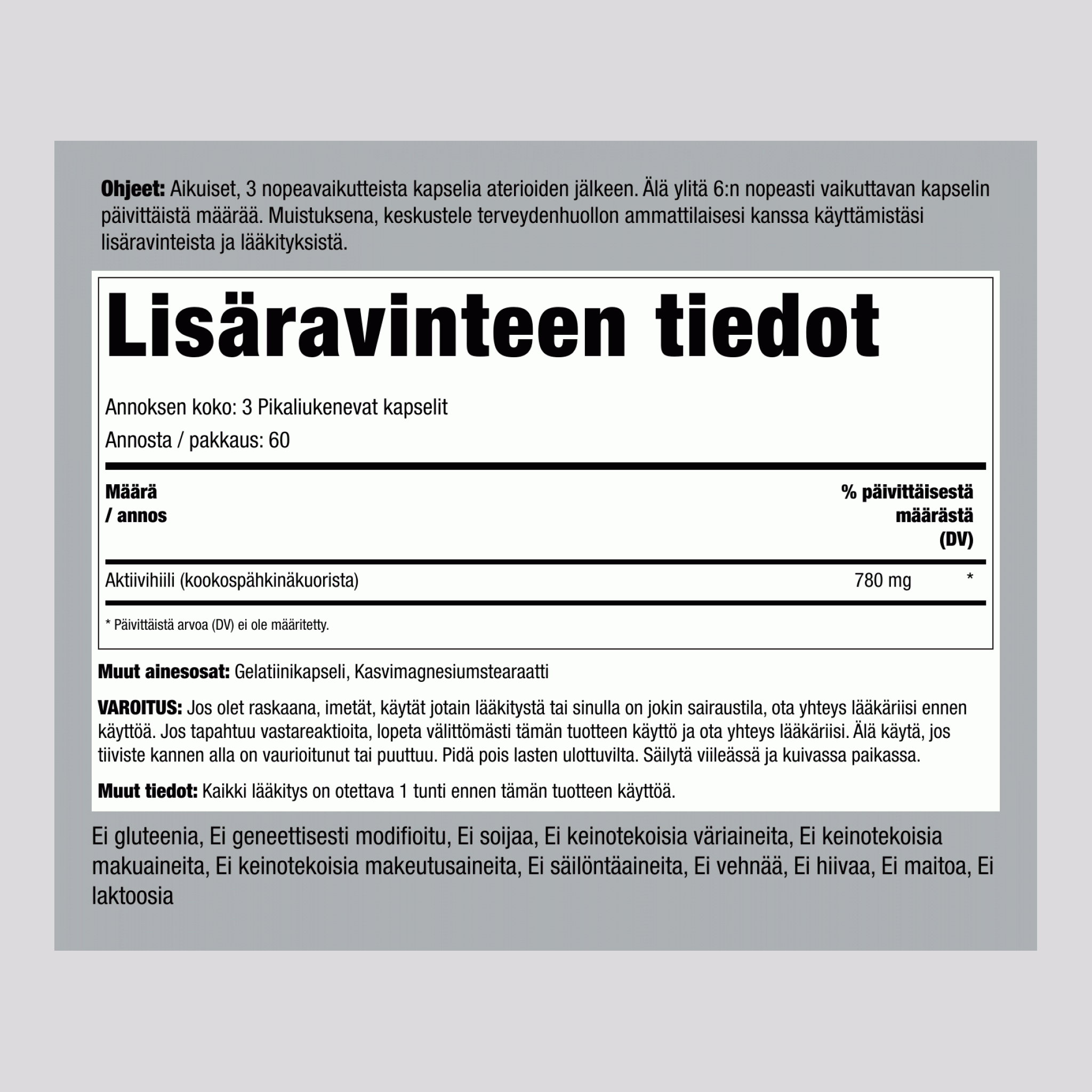 Aktiivihiili  780 mg/annos 180 Pikaliukenevat kapselit 2 Pulloa   