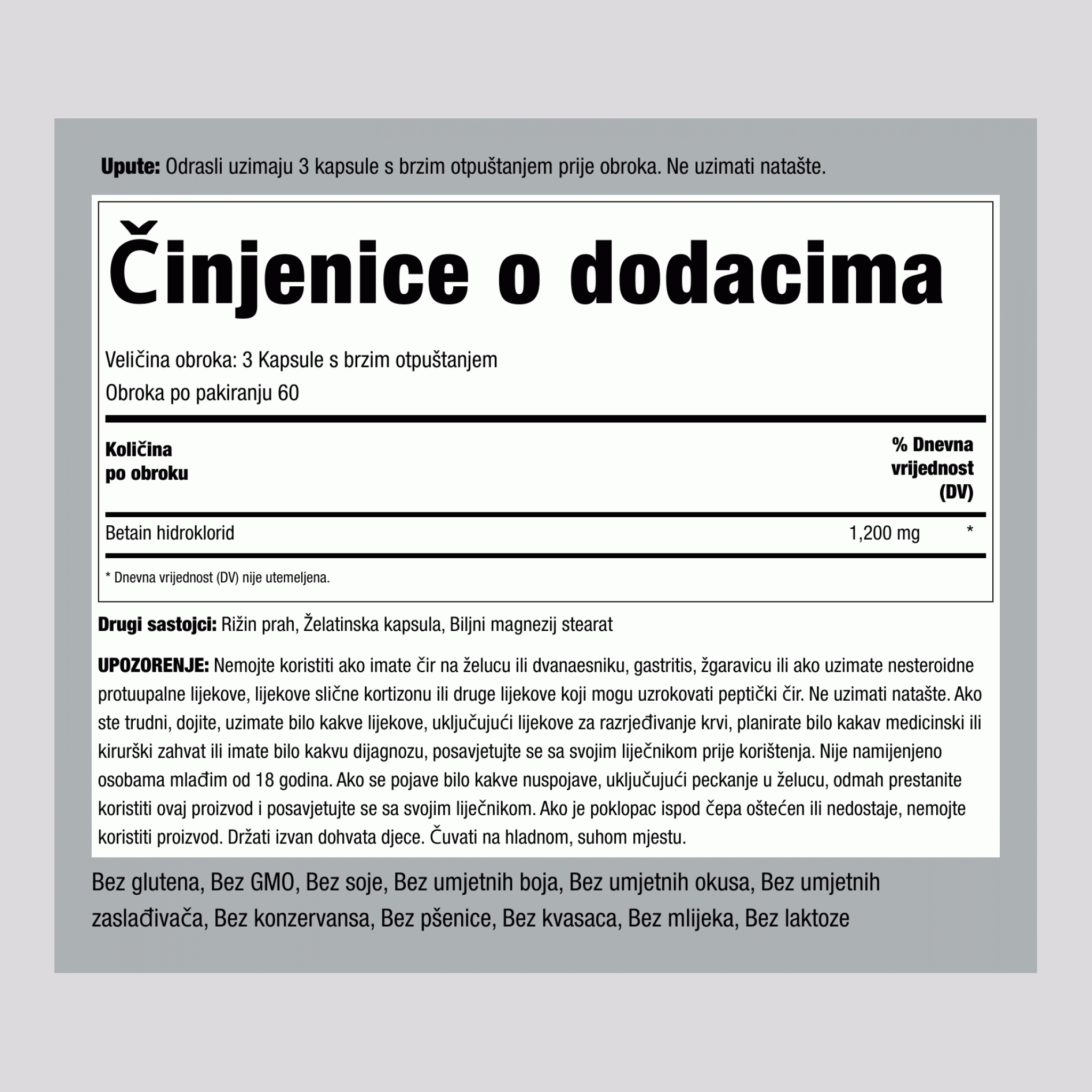 Betain HCl 1200 mg (po obroku) 180 Kapsule s brzim otpuštanjem     