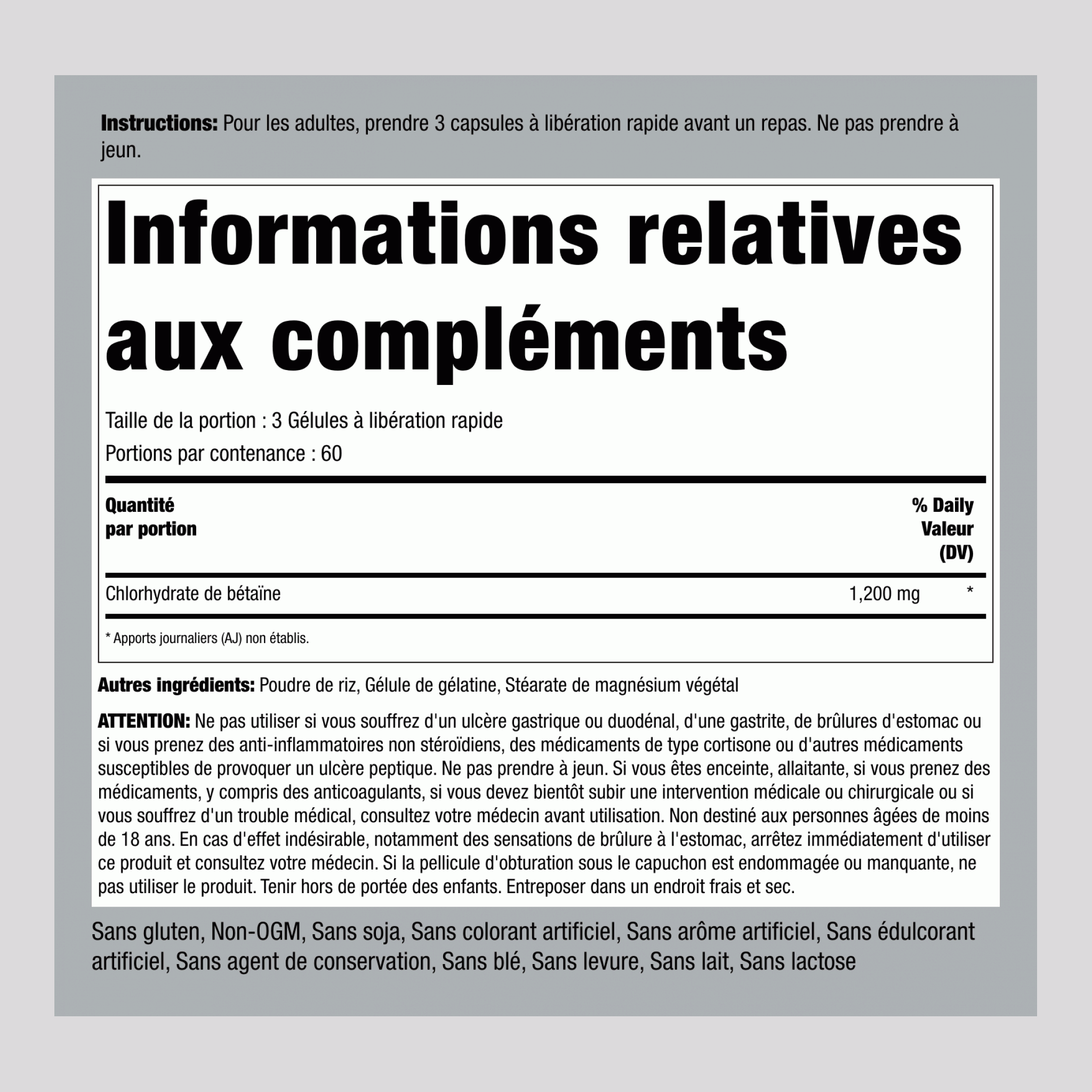 Bétaïne HCl 1200 mg (par portion) 180 Gélules à libération rapide 2 Bouteilles   