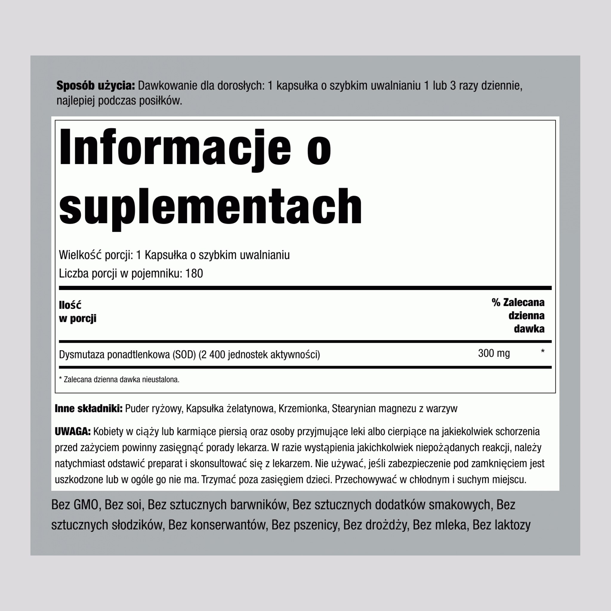 SOD Superoxide Dismutaza 2400 Jednostek, 300 mg, 180 Kapsułek Szybkiego Uwolnienia