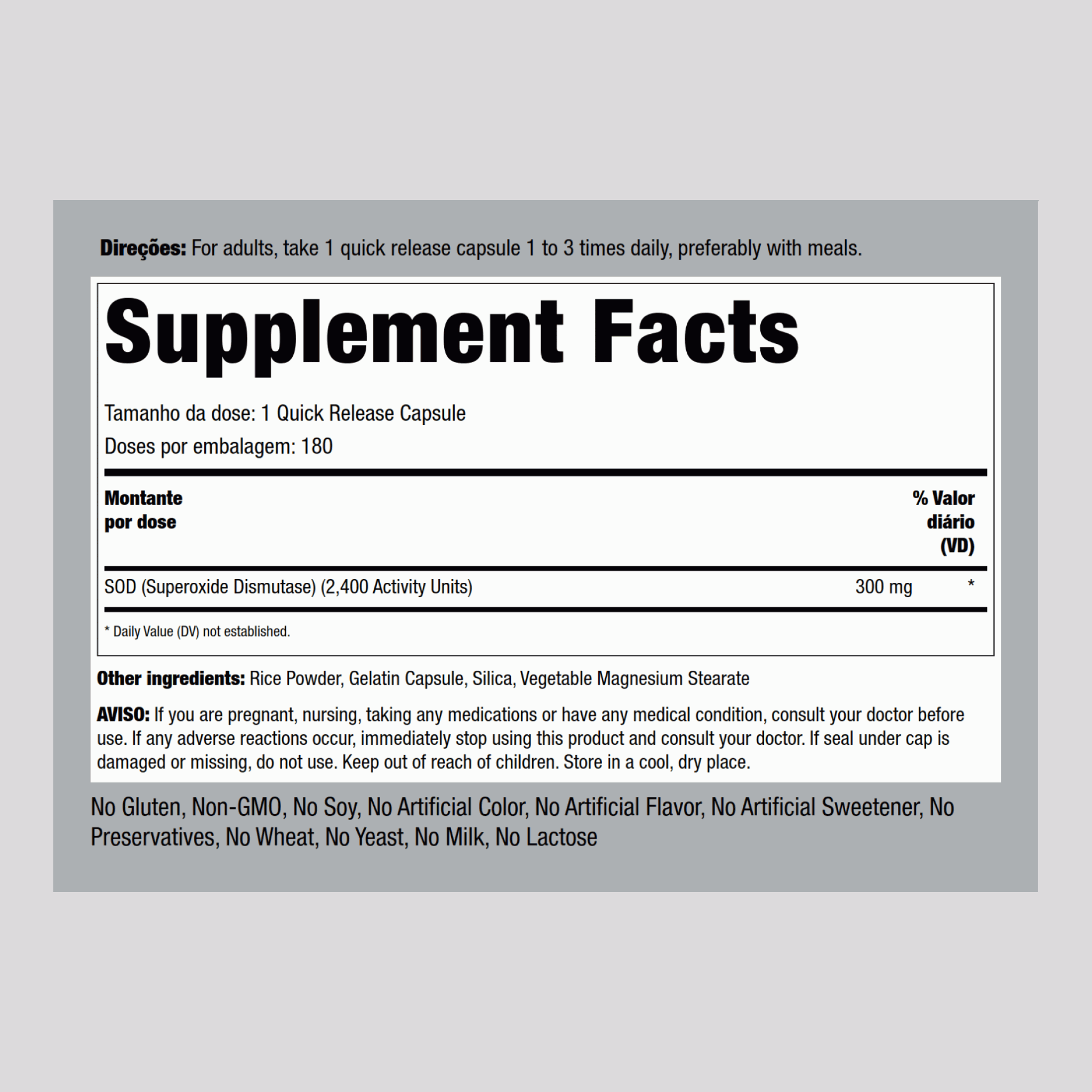 SOD (superóxido dismutase) 2400 unidades 300 mg 200 Cápsulas de Rápida Absorção     