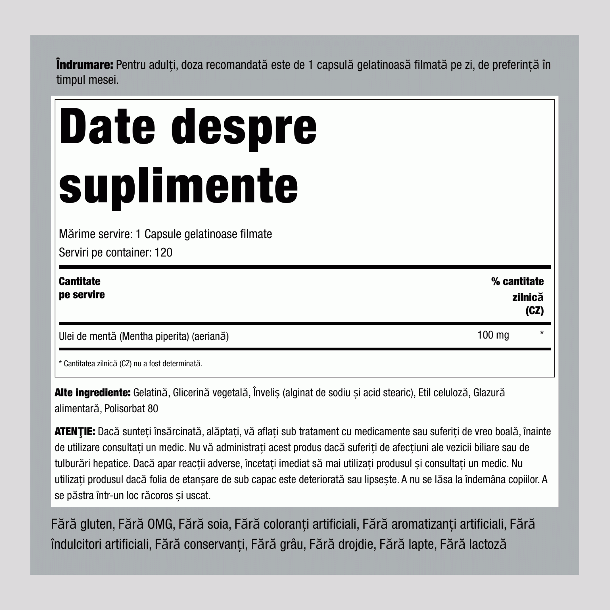 Ulei de mentă Ultra (Protejat enteric) 50 mg 120 Capsule gelatinoase filmate     