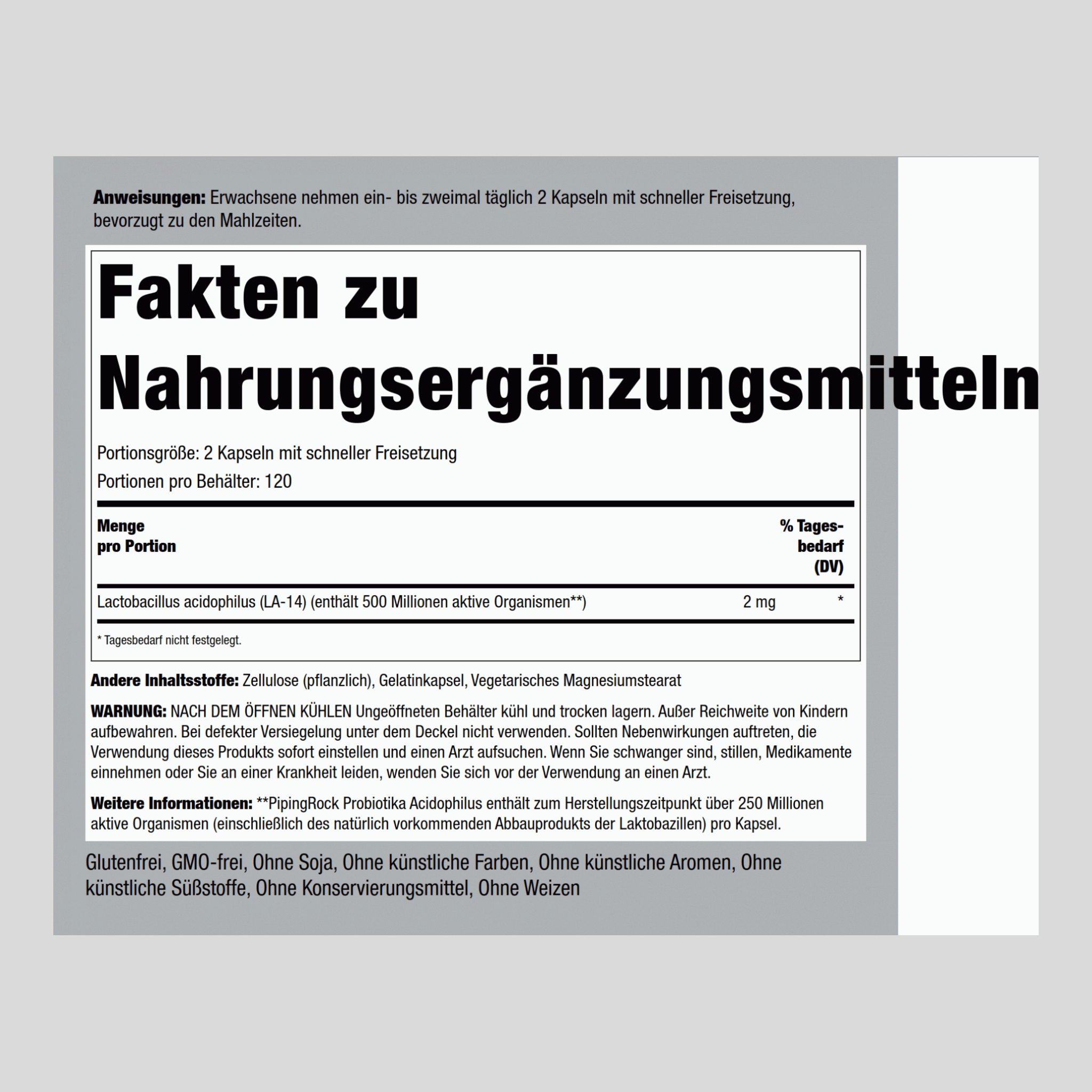 Probiotischer Acidophilus, 250 Millionen Organismen 240 Kapseln mit schneller Freisetzung       