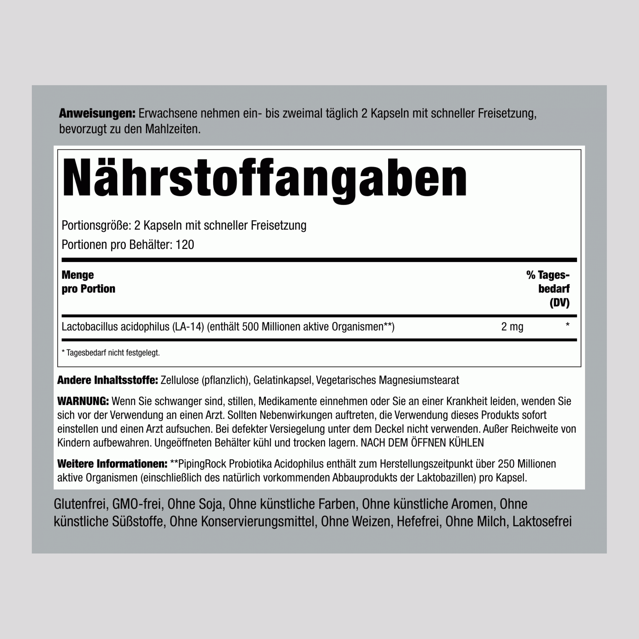 Probiotischer Acidophilus, 250 Millionen Organismen 240 Kapseln mit schneller Freisetzung 2 Flaschen     