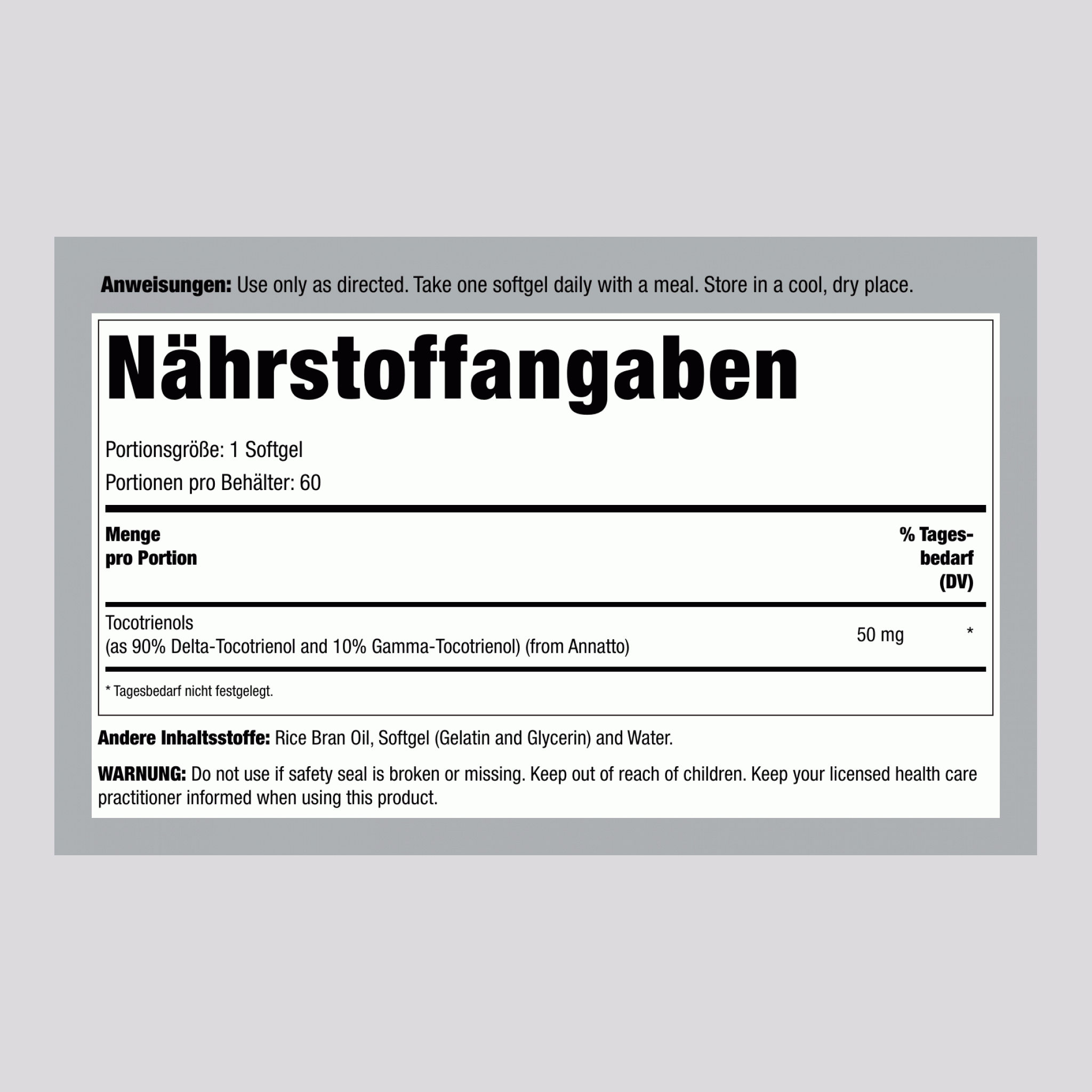 Vitamin E Tocotrienole 50 mg, ohne Soja 60 Weichkapseln       