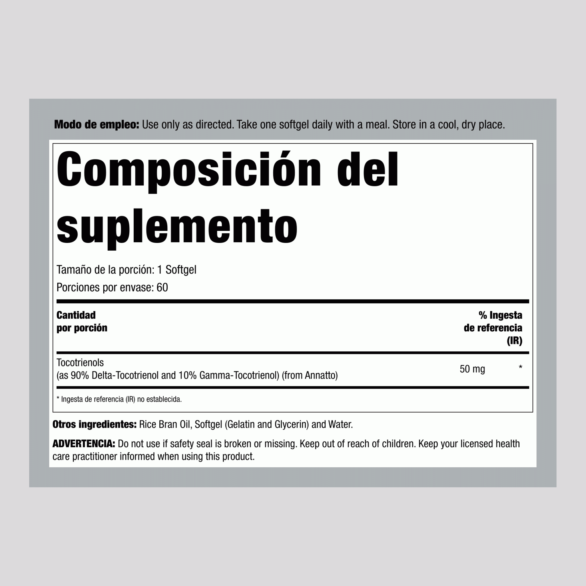 Vitamina E Tocotrienoles 50 mg, sin soya 60 Perlas       