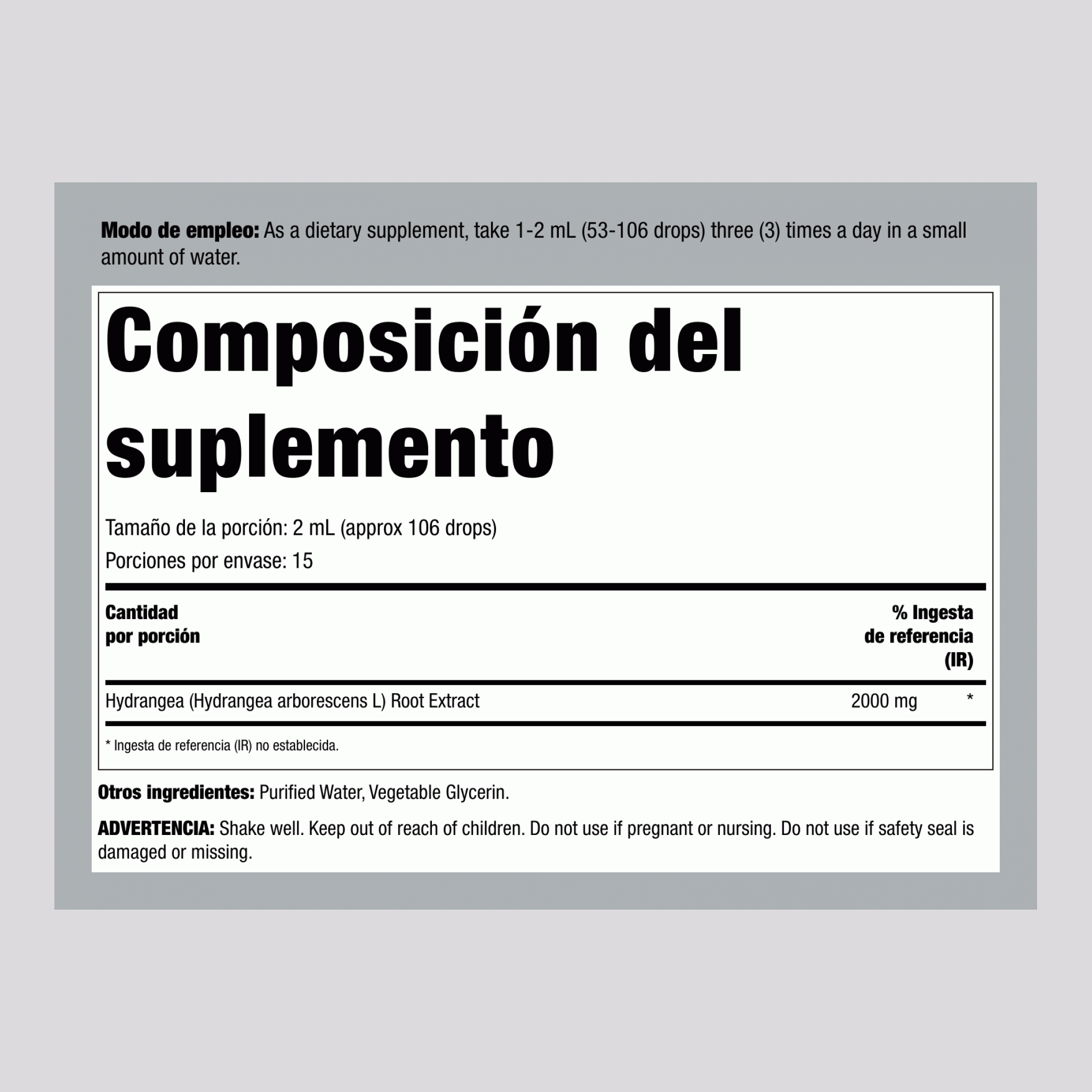 Extracto líquido de raíz de hortensia 2000 mg (por porción) 1 fl oz 30 mL Frasco con dosificador  