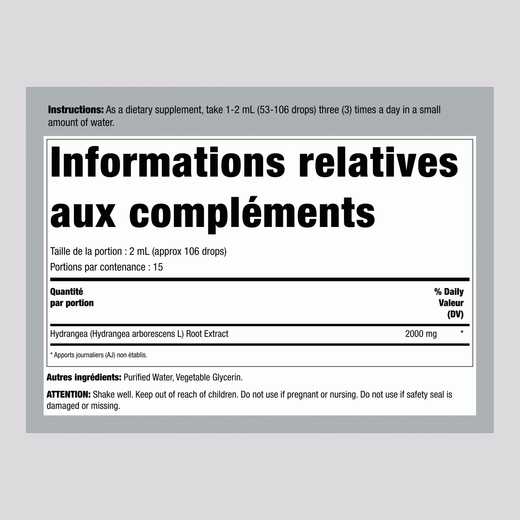 Extrait liquide de racine d'hortensia 2000 mg (par portion) 1 onces liquides 30 mL Compte-gouttes en verre  