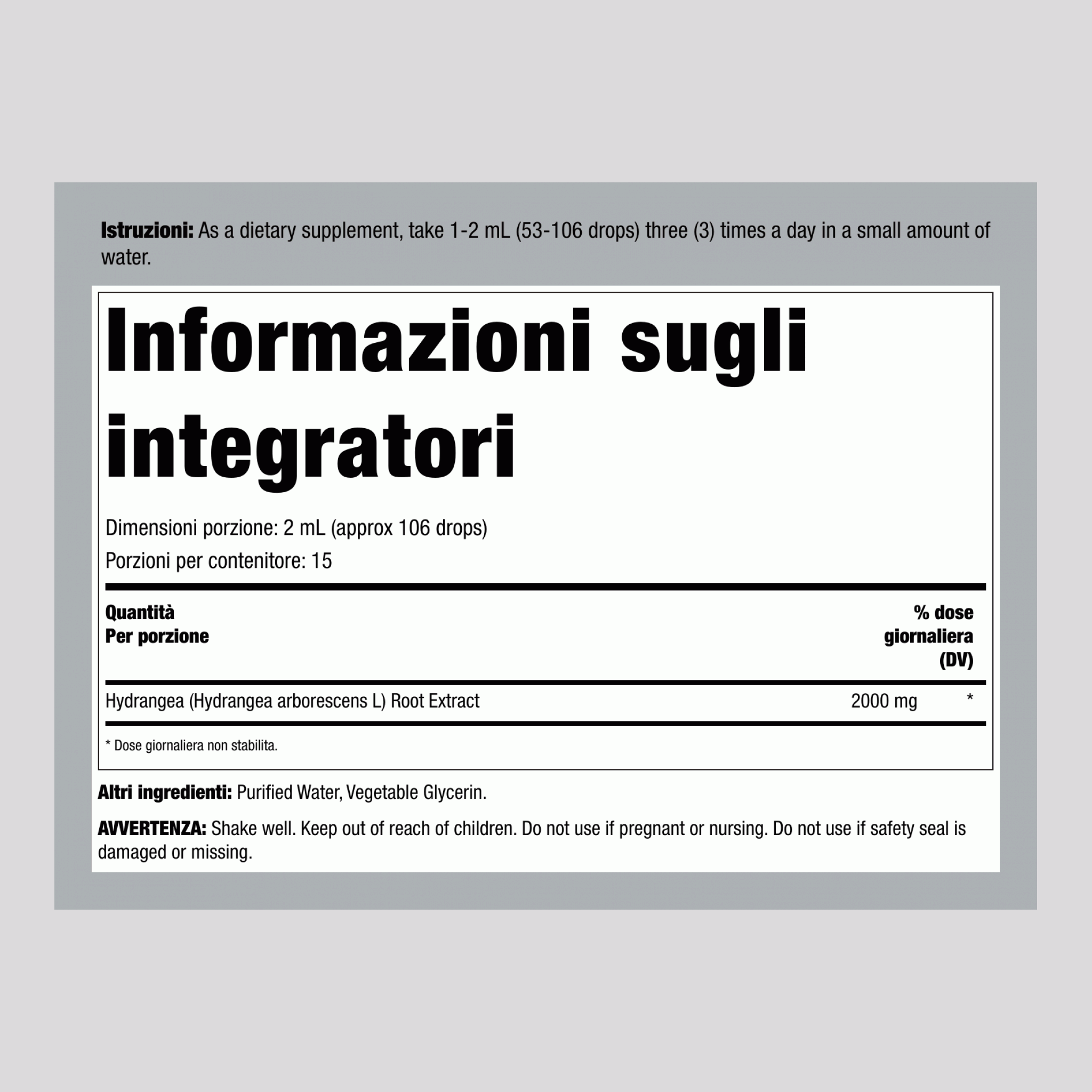 Estratto liquido di radice di ortensia 2000 mg (per dose) 1 fl oz 30 mL Flacone contagocce  