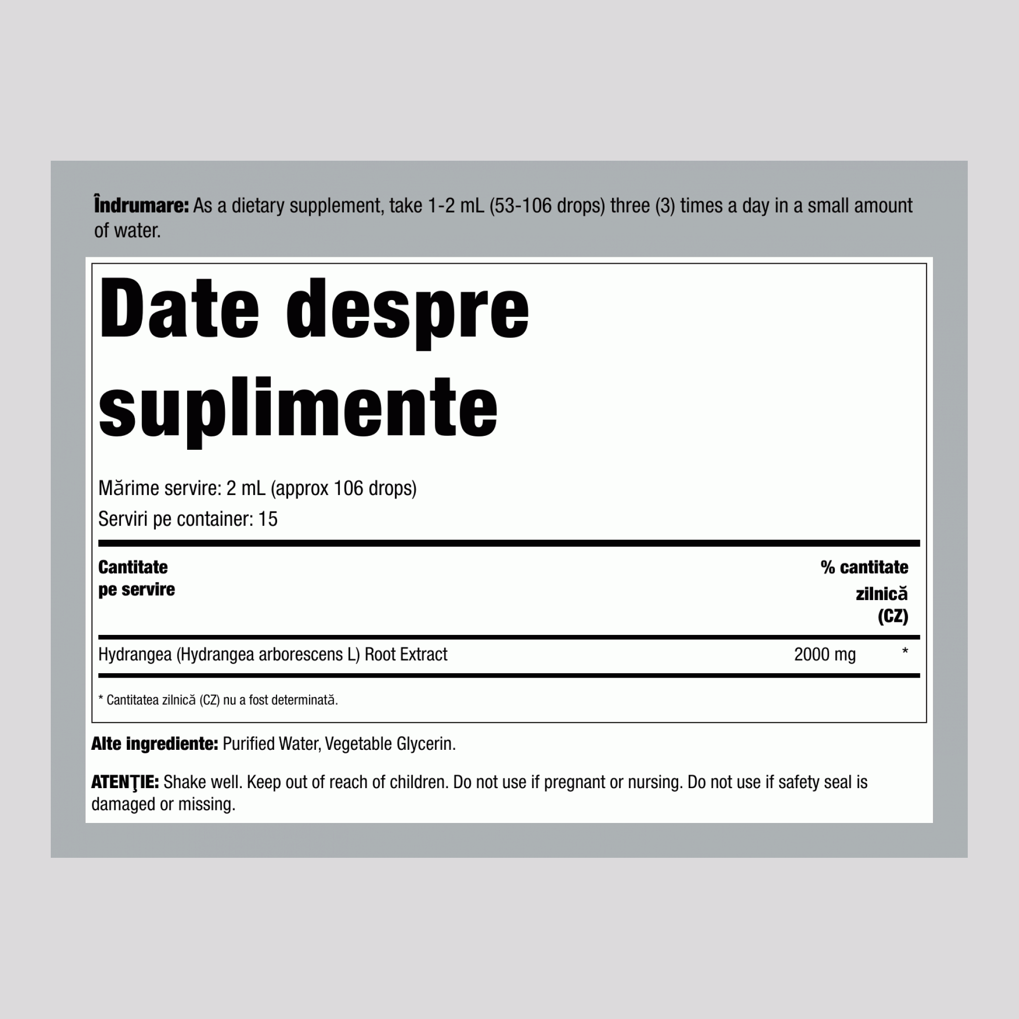 Extract lichid de rădăcină de hortensie 2000 mg (per porție) 1 fl oz 30 ml Sticlă picurătoare  