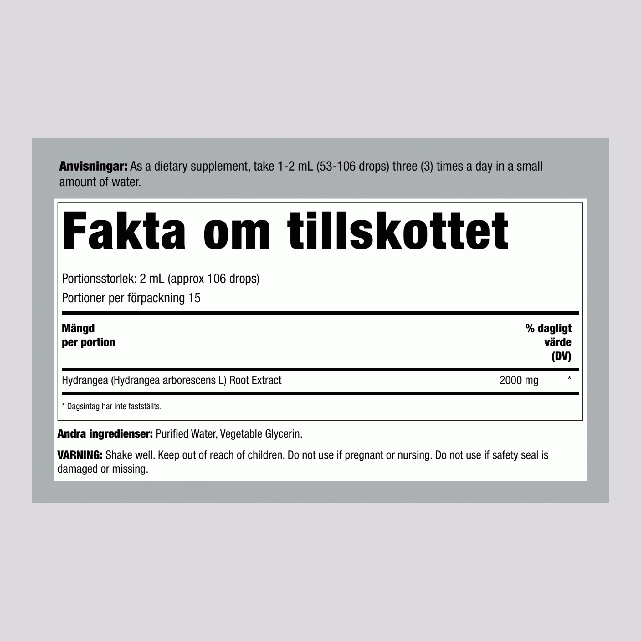 Hortensia flytande rotextrakt 2000 mg (per portion) 1 fl oz 30 ml Pipettflaska  