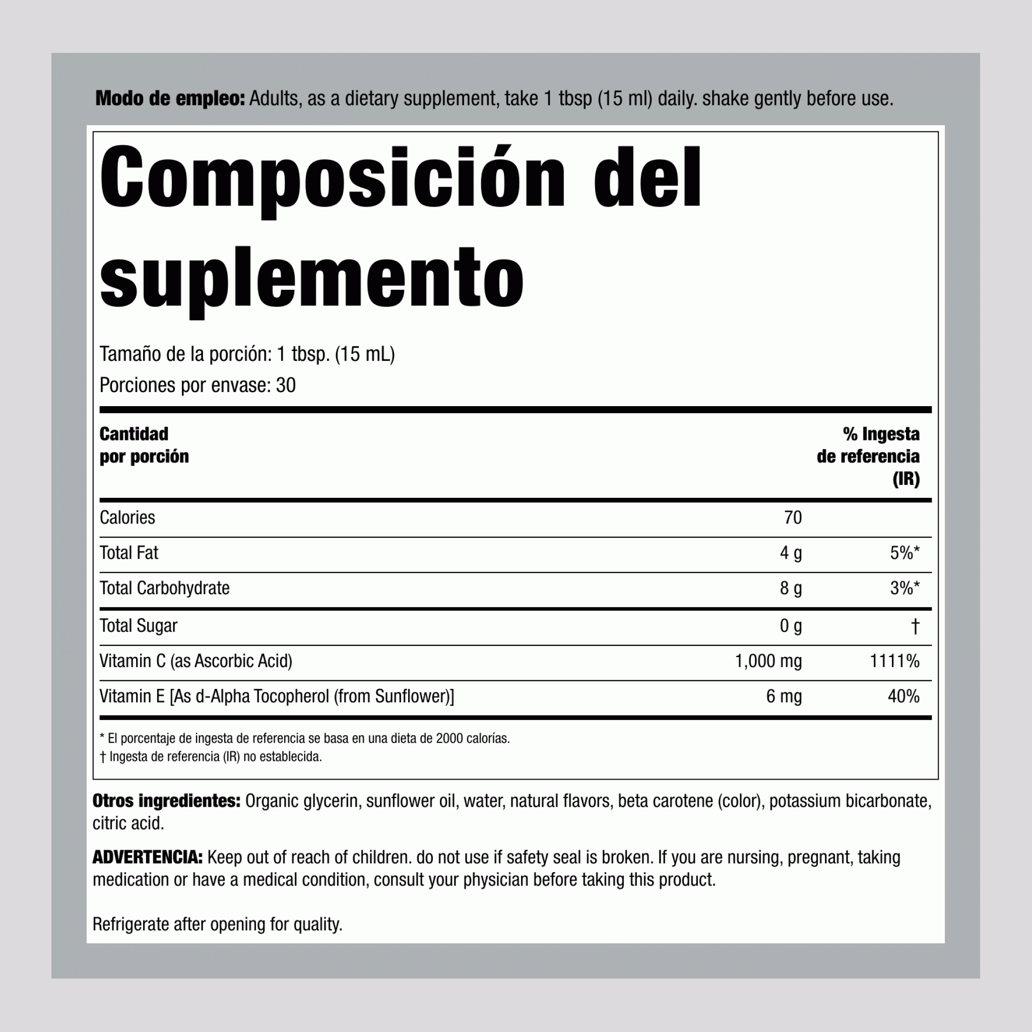 Vitamina C liposomal 1000 mg (por porción) 15.2 fl oz 450 mL Botella/Frasco  