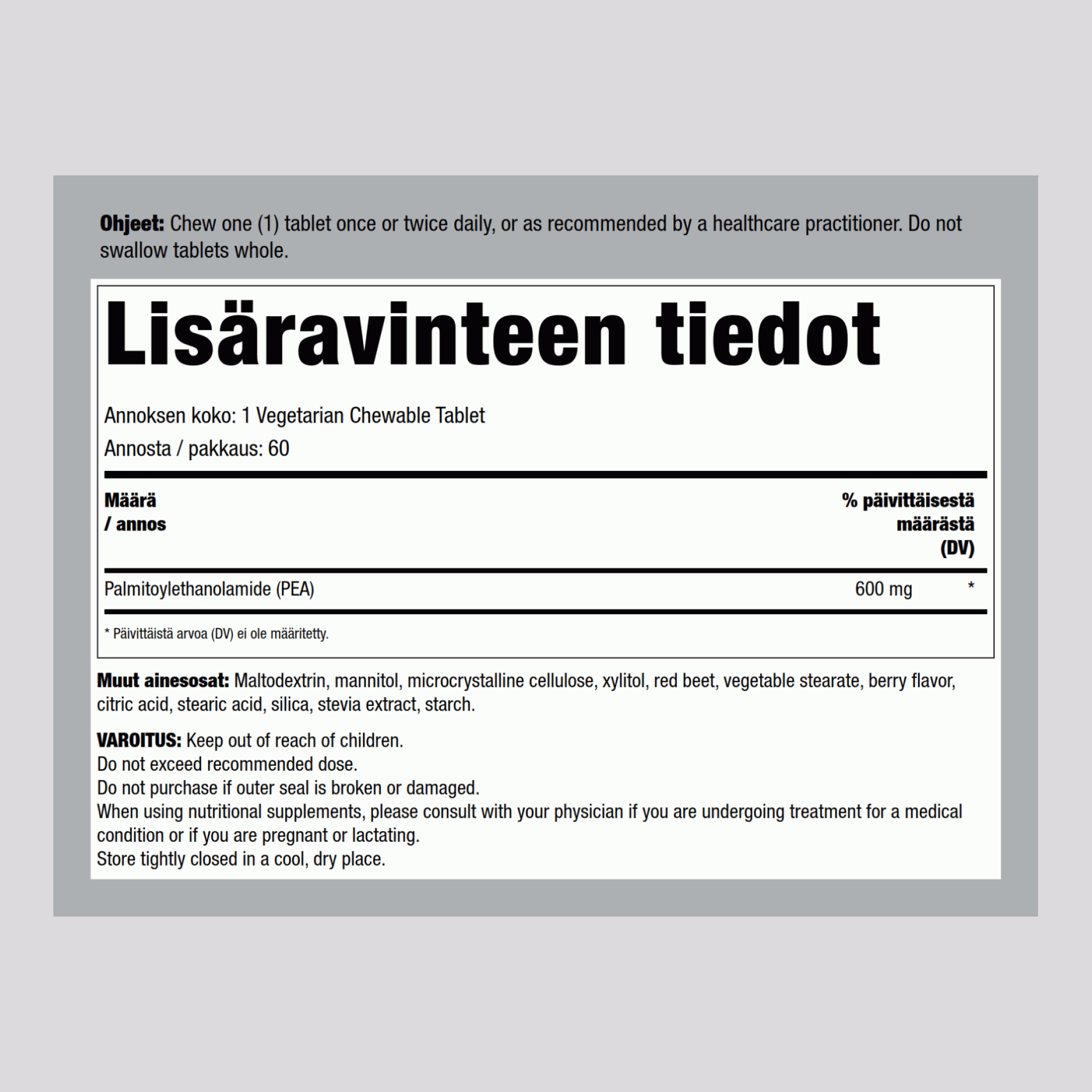 PEA (palmitoyletanolamidi) – epämukavuuden lievitys (marja) 60 Kasvispohjaiset pureskeltavat tabletit       