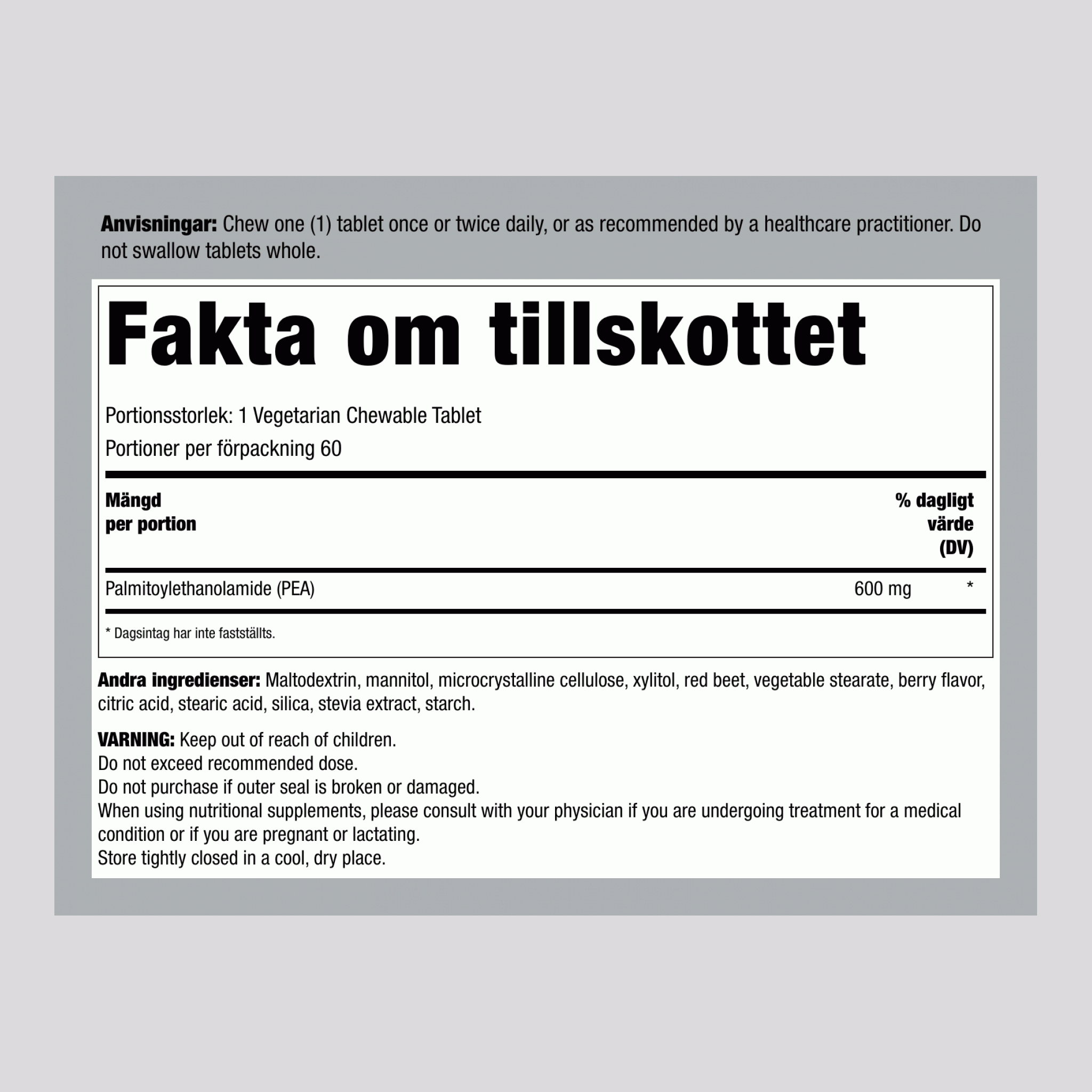 PEA (palmitoyletanolamid) - obehagslindring (bär) 60 Vegetariska tuggtabletter       