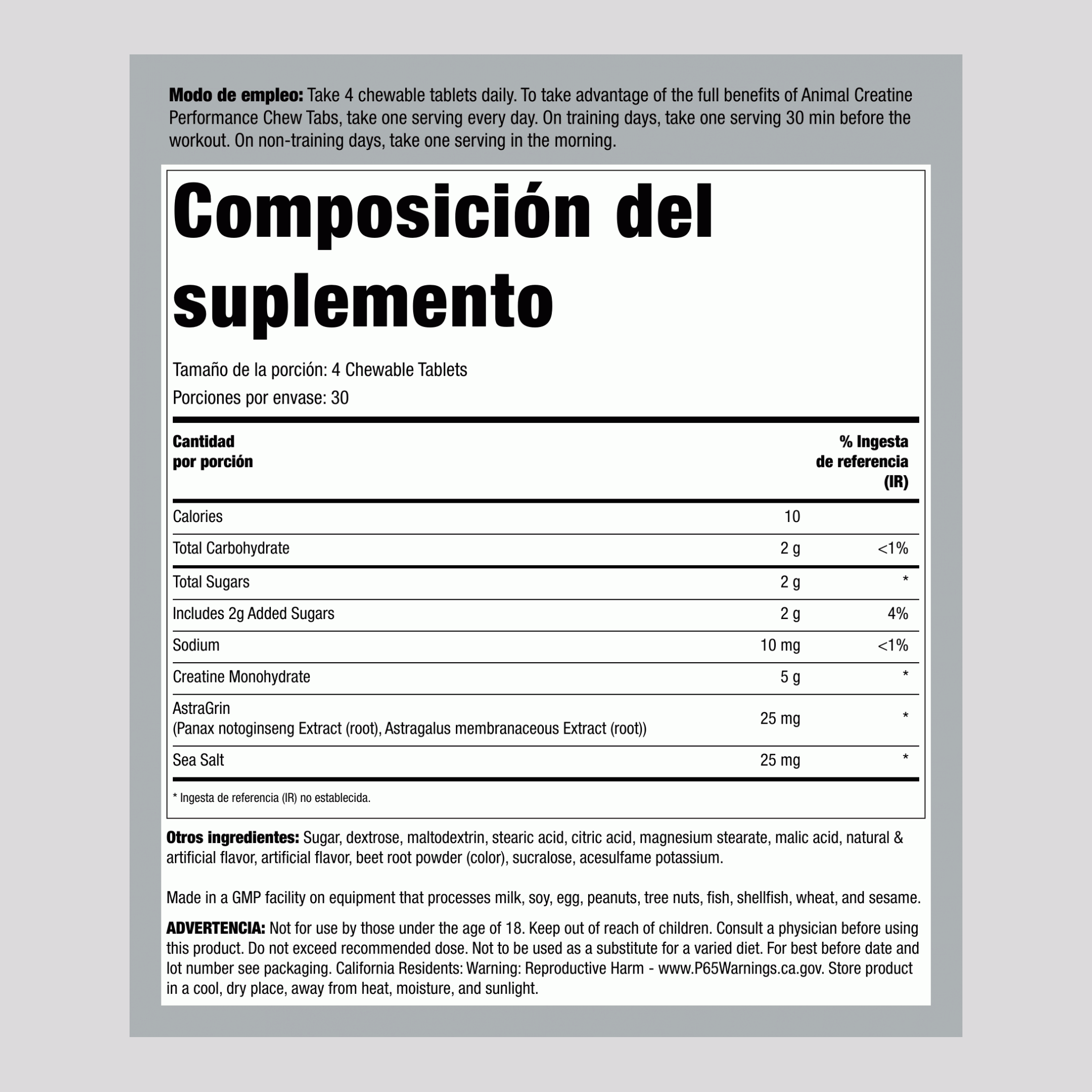 Masticables de creatina animal sabor de ponche de frutas 120 Tabletas masticables   