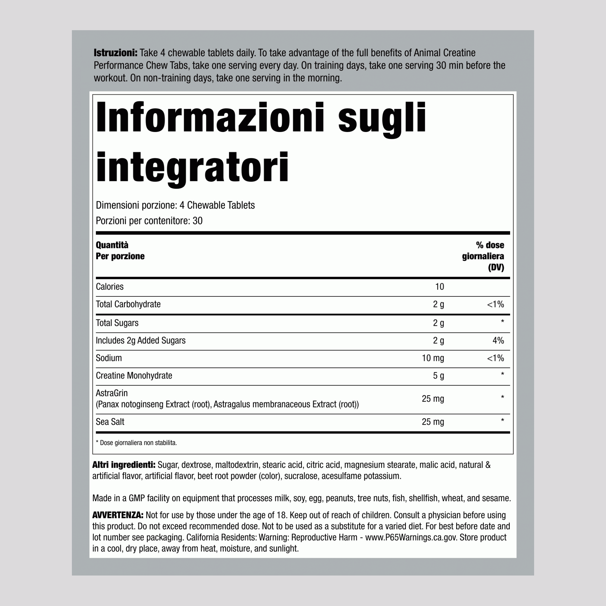 Creatina Masticabile Animal Gusto Punch alla Frutta, 120 Compresse Masticabili