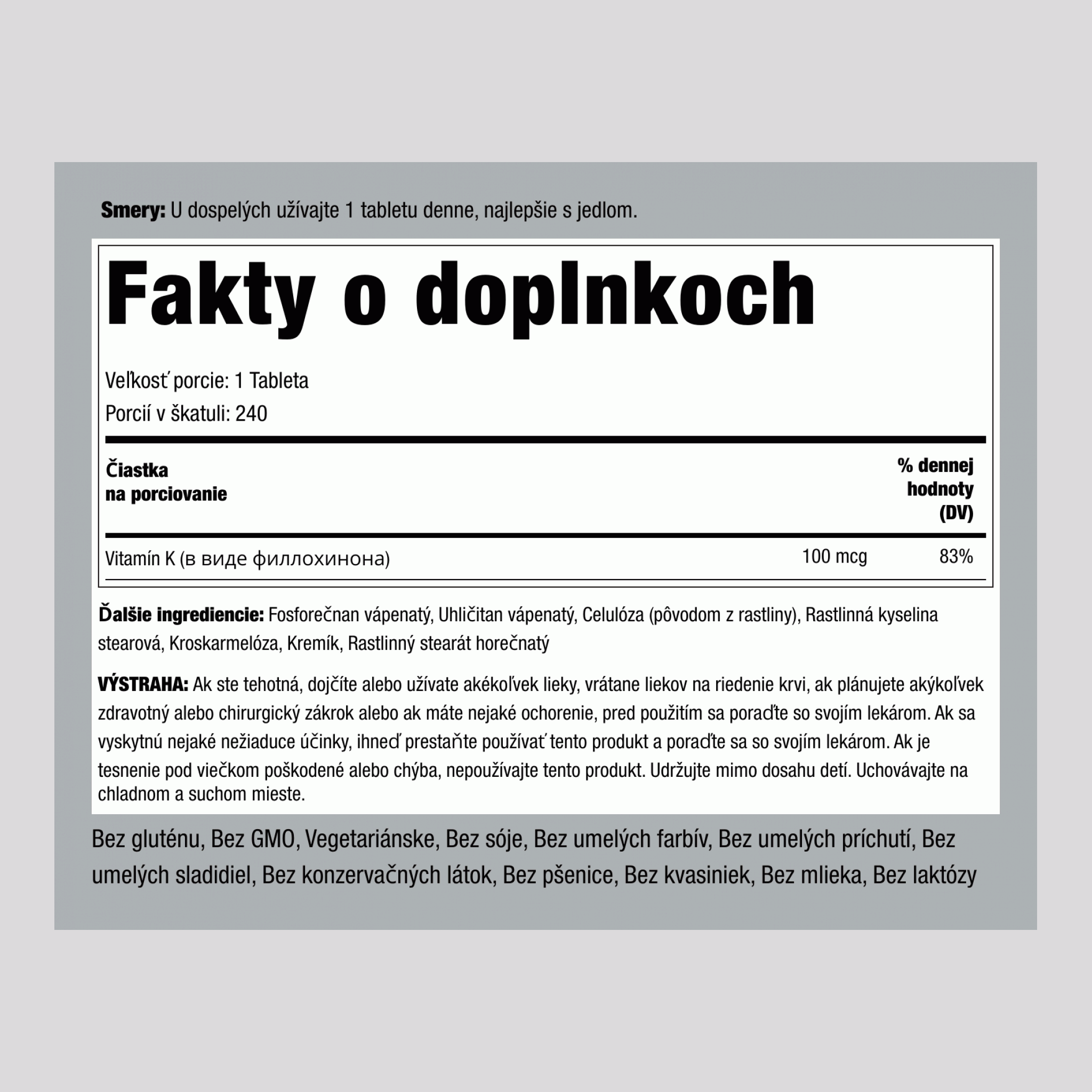 Vitamín K  100 mcg 240 Tablety     