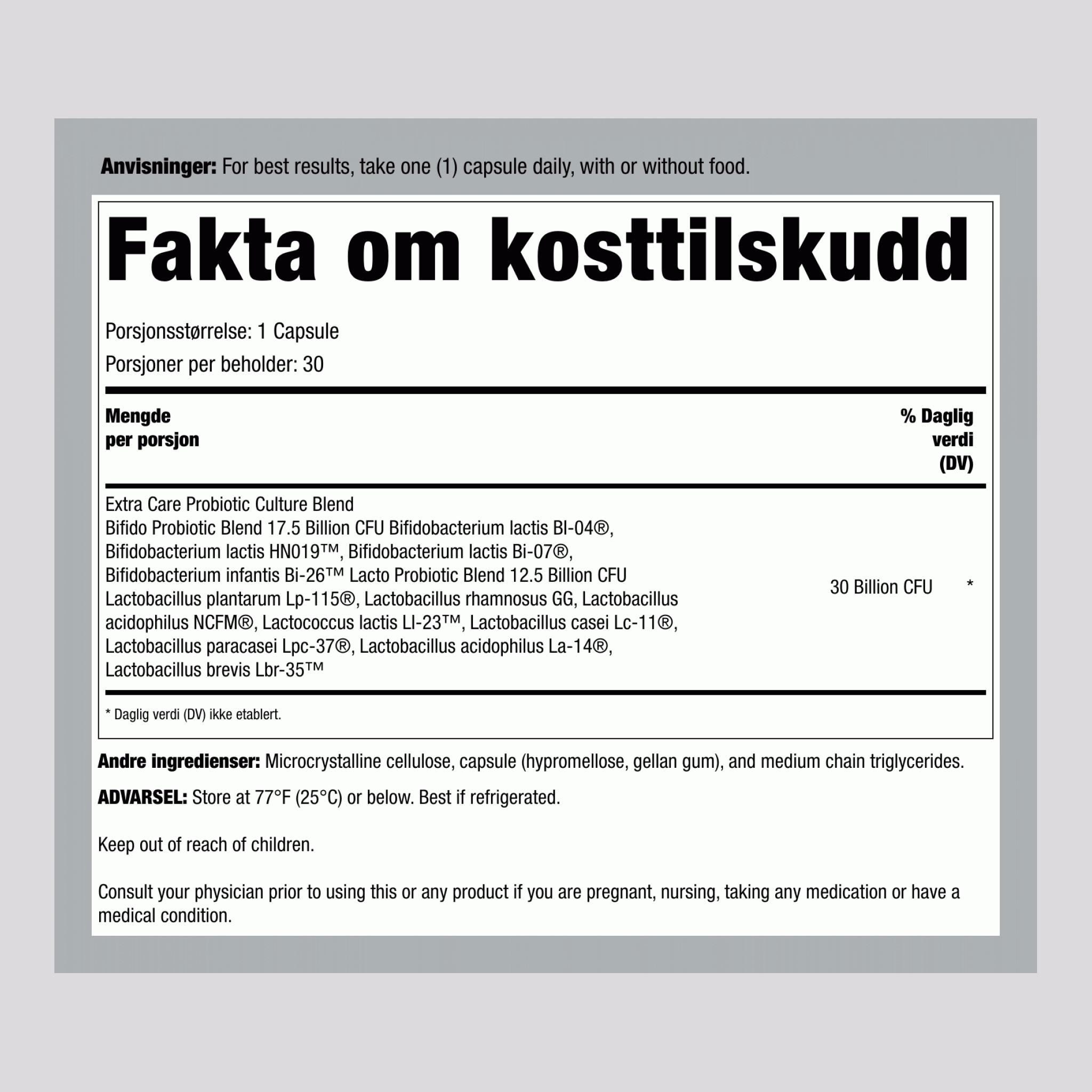 Probiotika 30 milliarder CFU, 30 kapsler