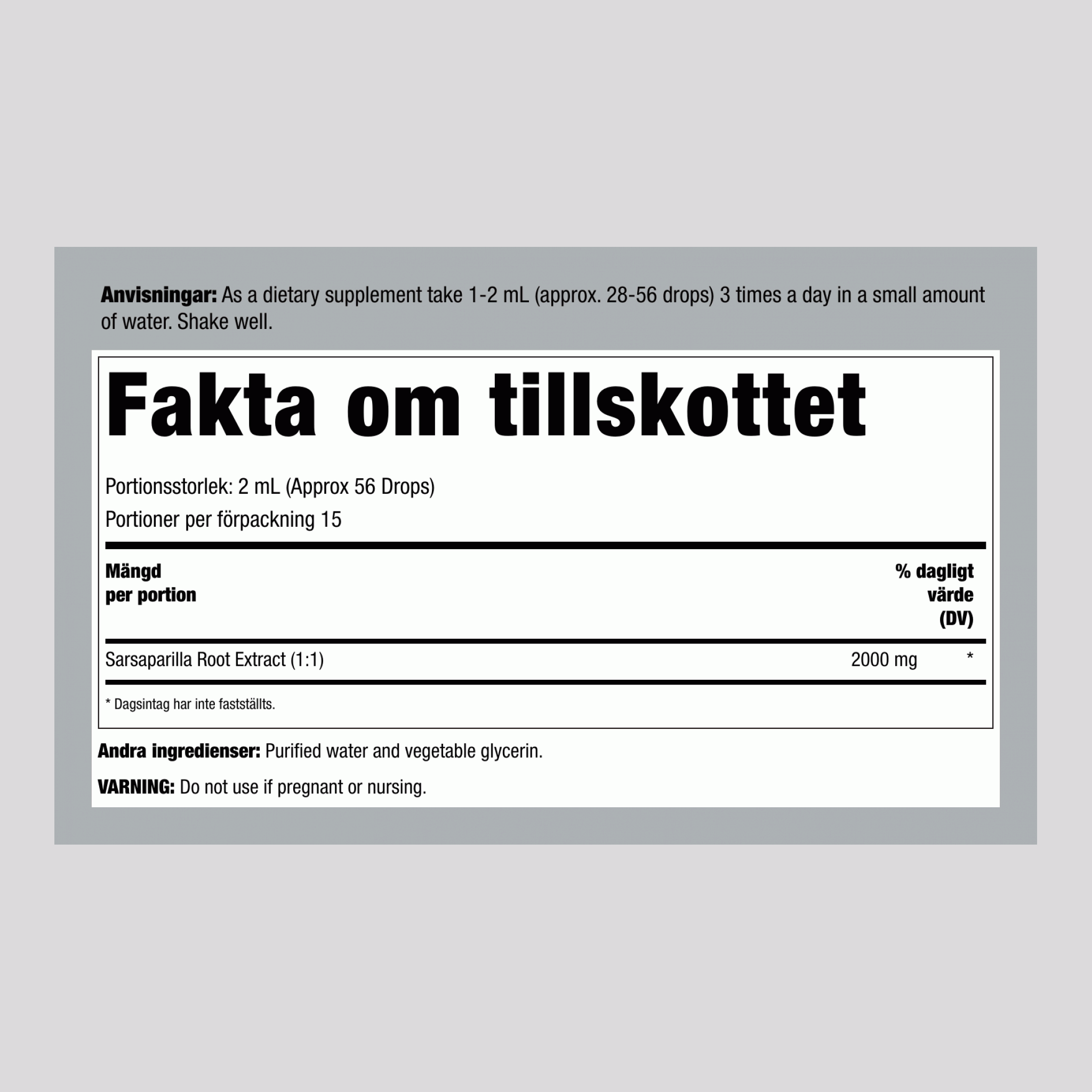 Flytande extrakt av sarsaparillrot utan alkohol, 1 fl oz (30 ml) droppflaska