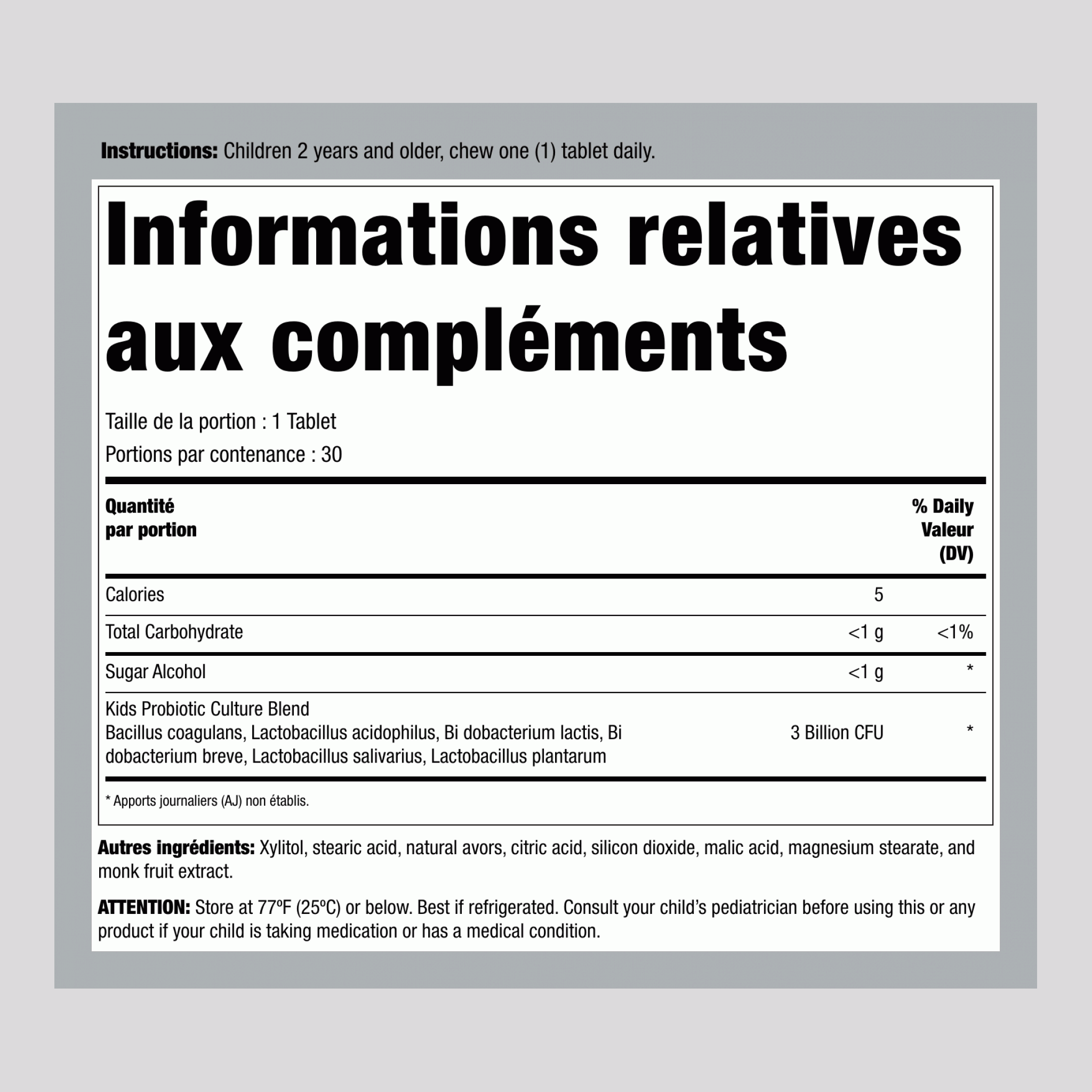 Probiotiques pour enfants 6 souches (saveur baies), 30 comprimés à croquer
