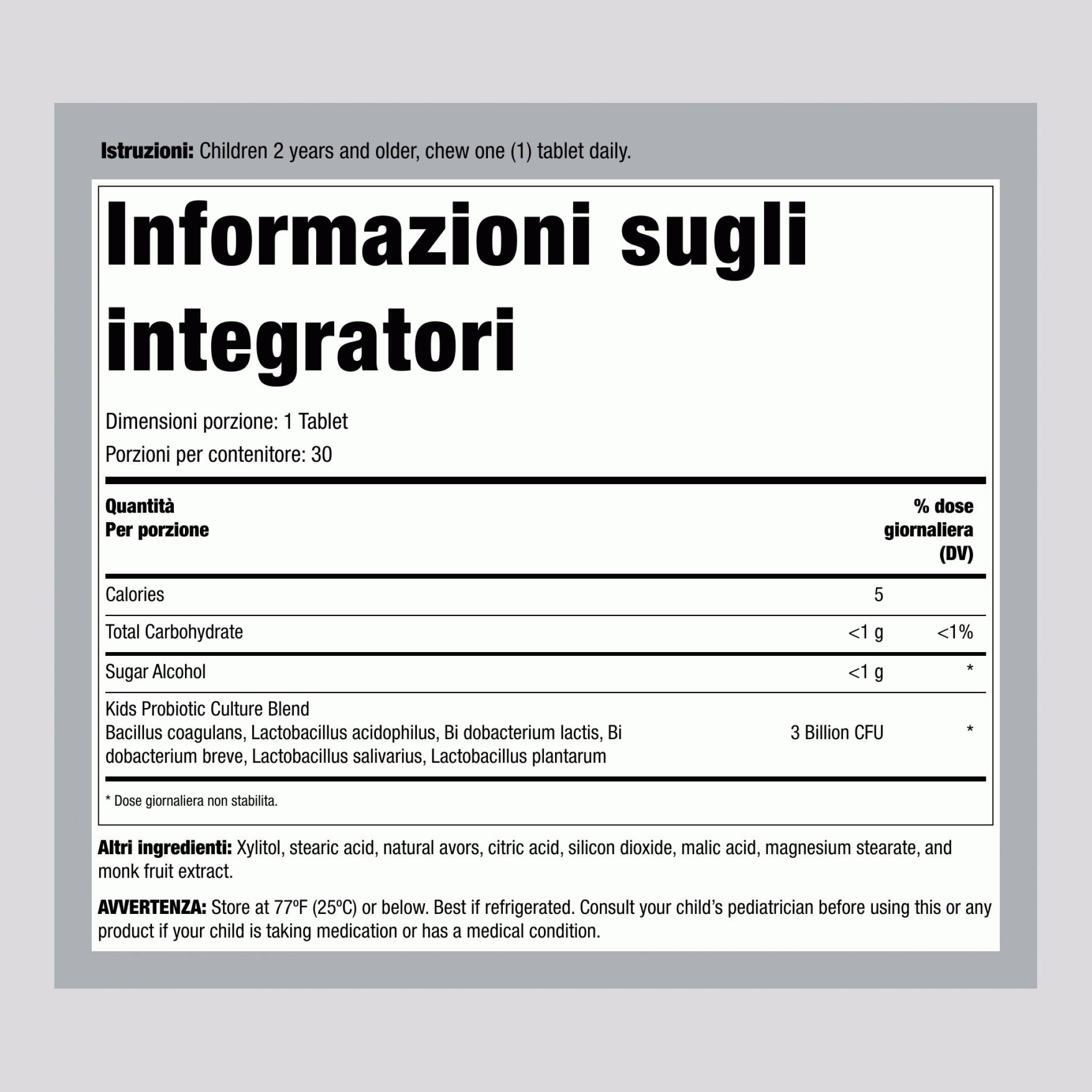 Probiotico per bambini 6 ceppi (Gusto Berry-licious), 30 Compresse masticabili