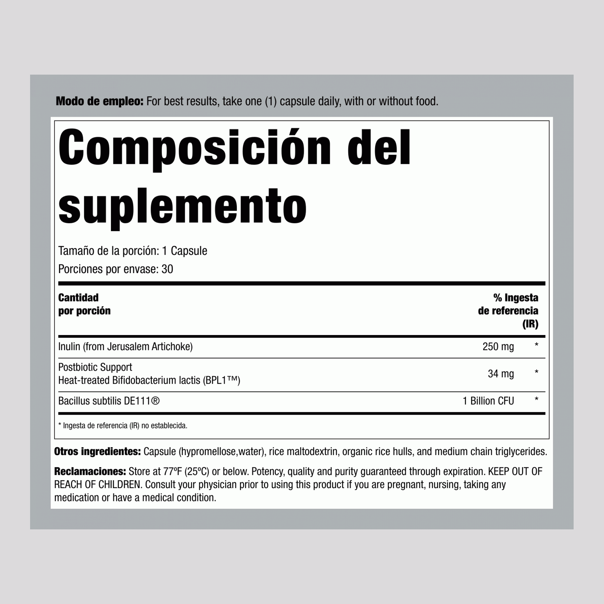 Impulso Metabólico Prebiótico + Probiótico + Postbiótico, 30 Cápsulas Vegetarianas