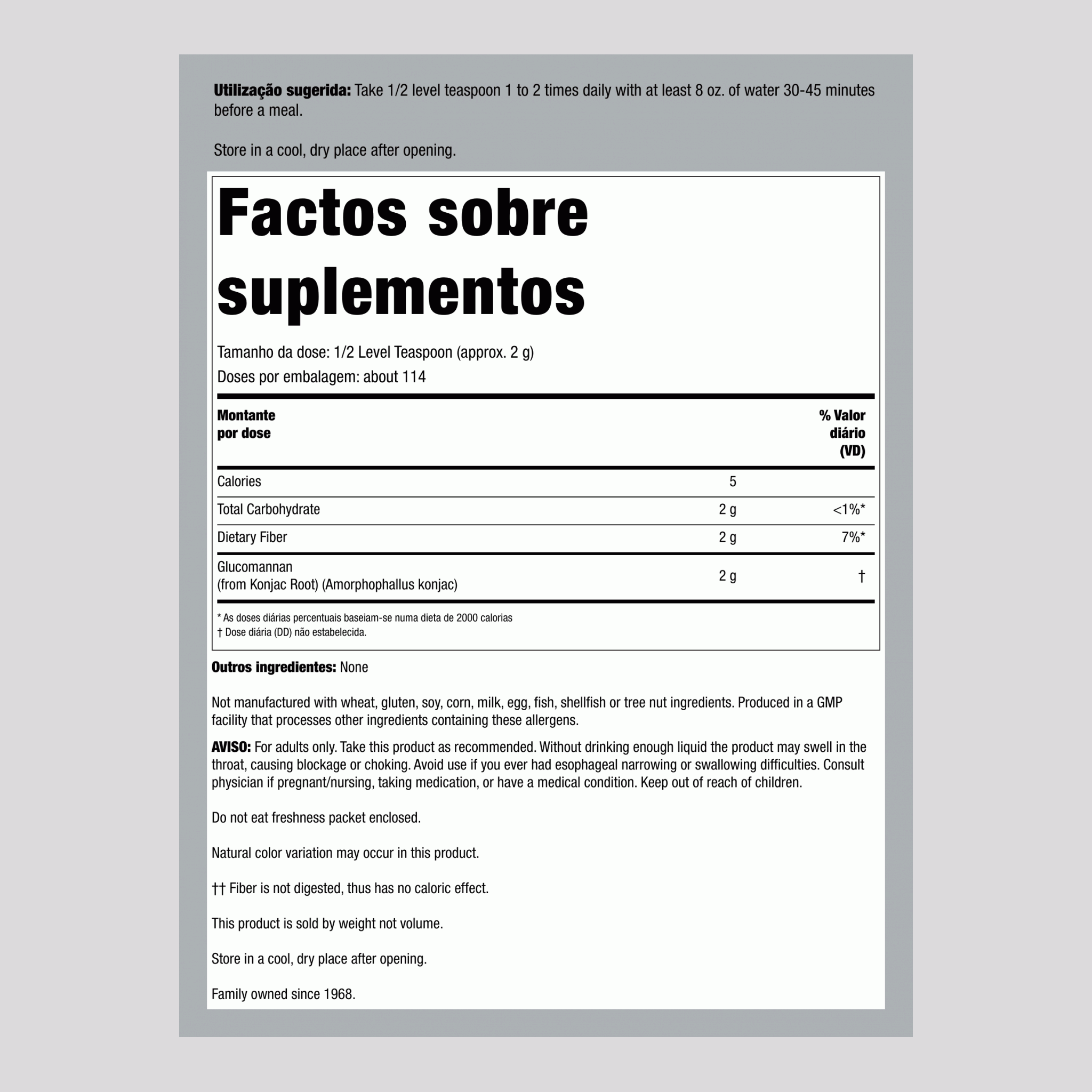 Glucomanano em pó puro 8 oz 227 g Frasco  