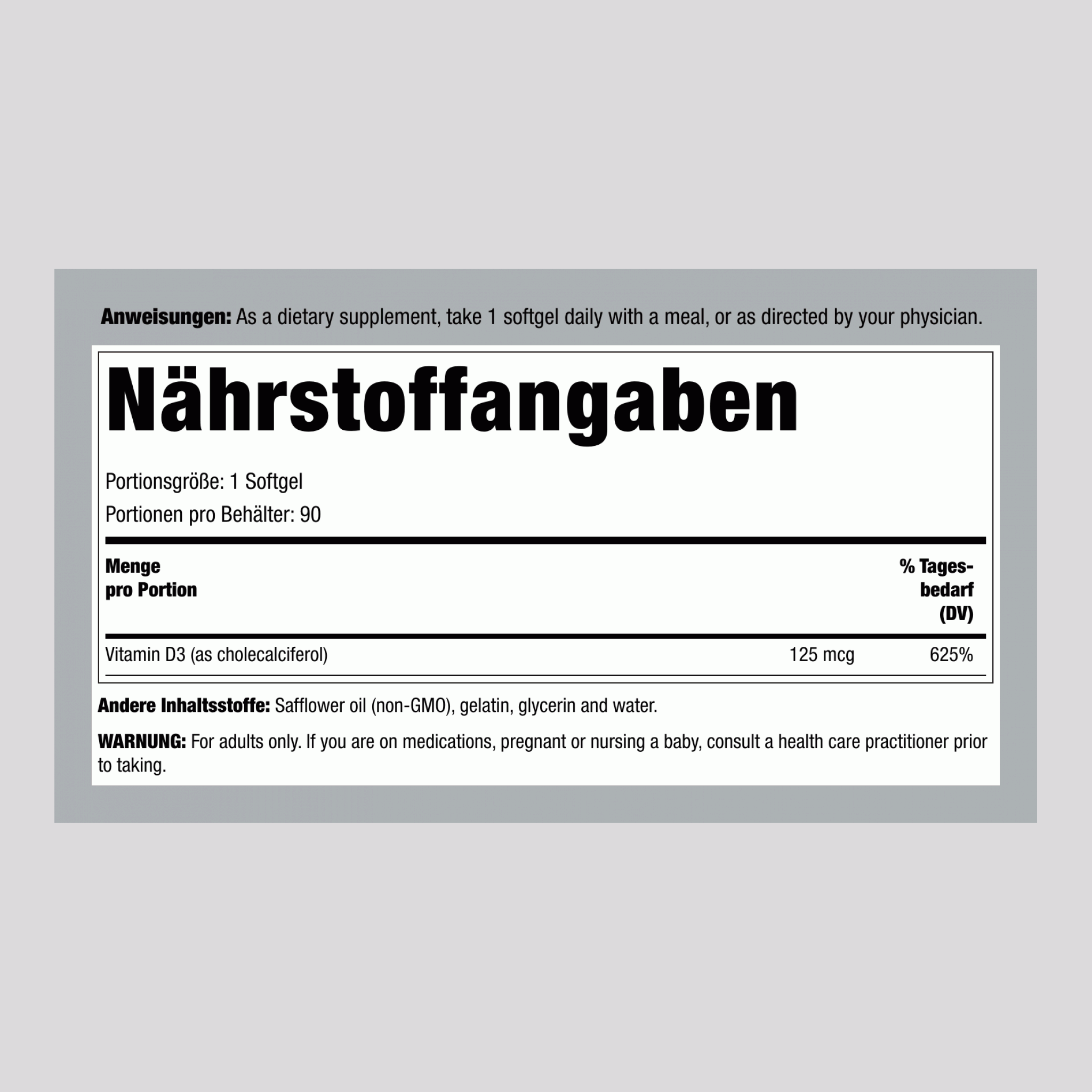 Vitamin D3, 5000 IU, 90 Softgels