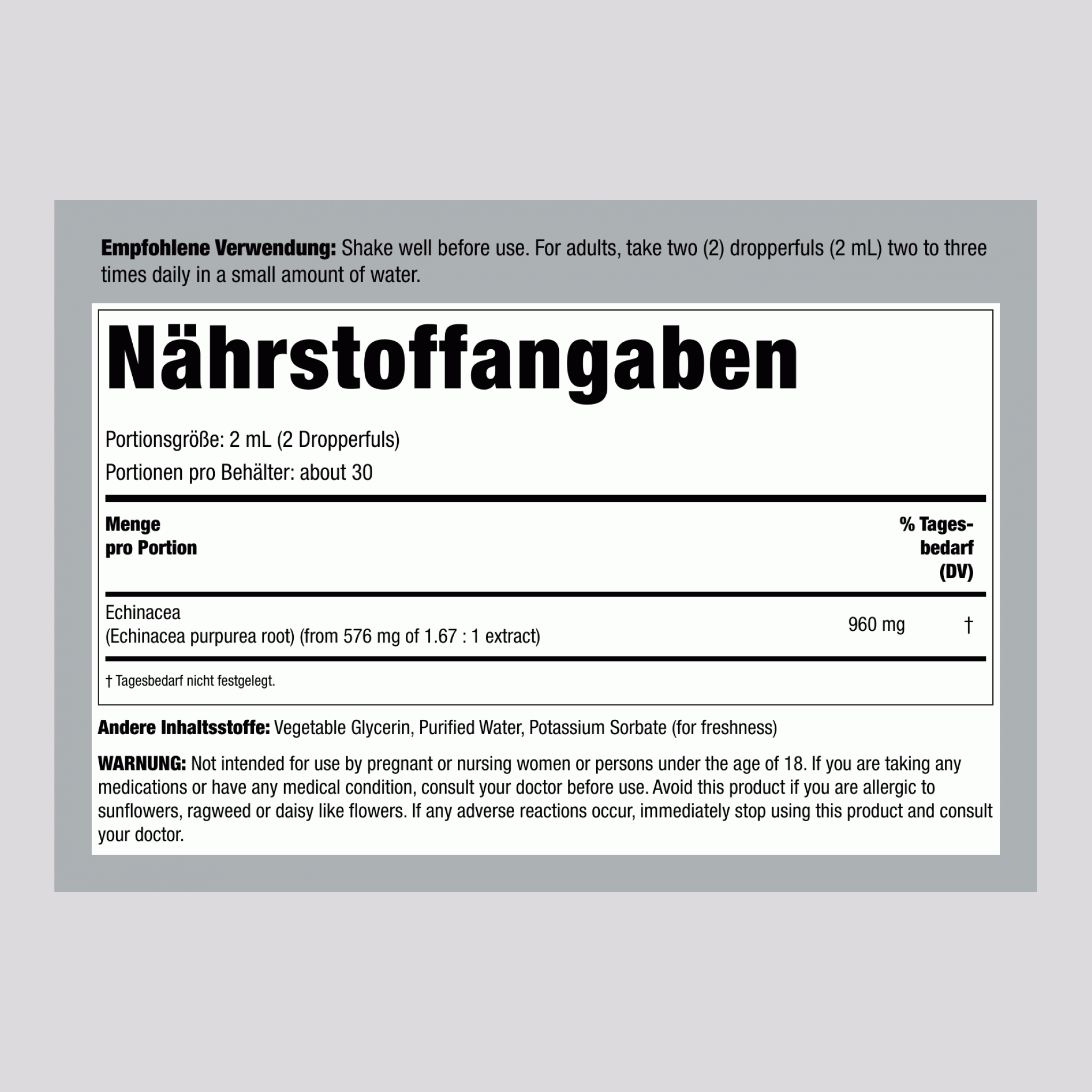 Echinacea Flüssigextrakt alkoholfrei, 960 mg (pro Portion), 2 fl oz (59 mL) Pipette