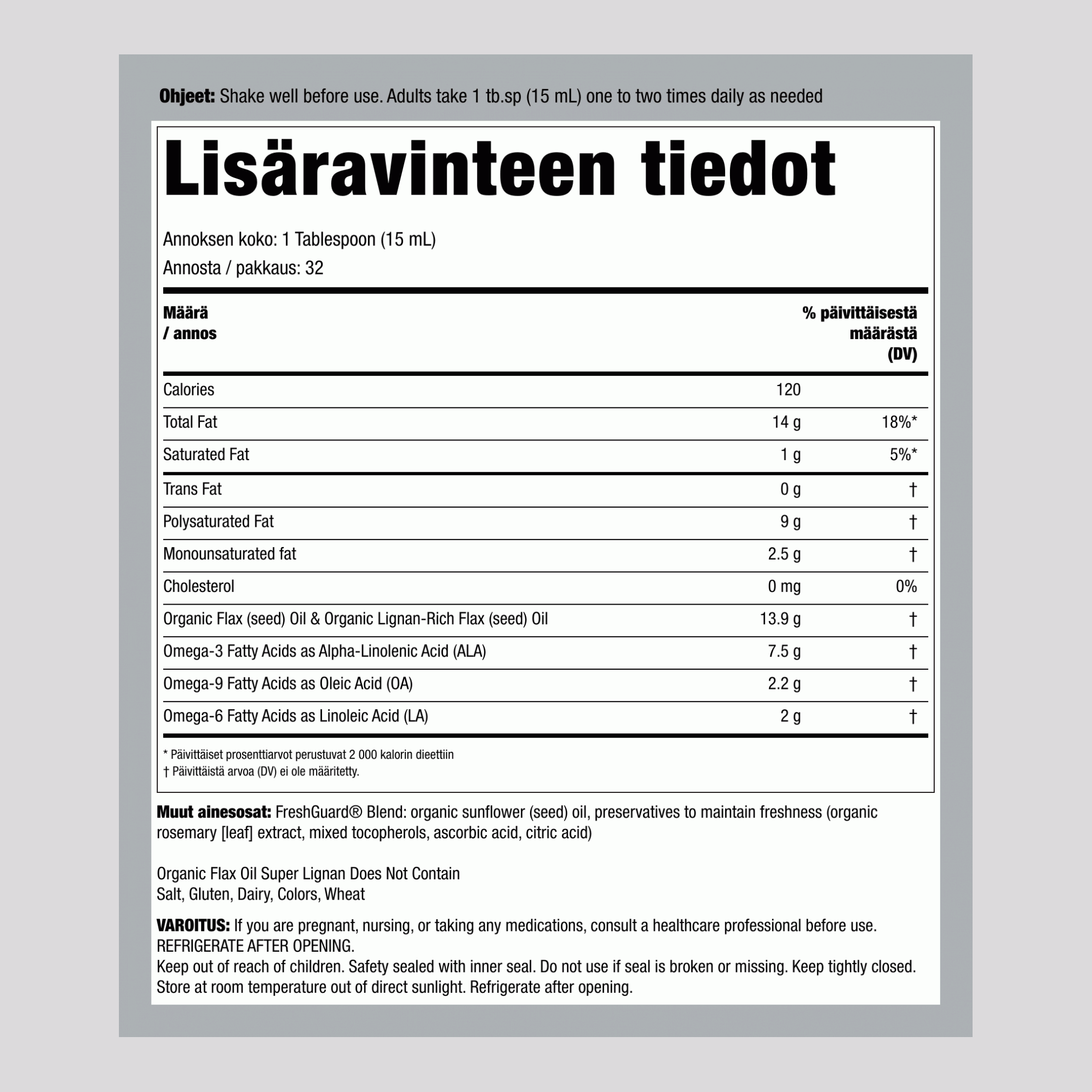 Pellavaöljy lignaanien kanssa nesteenä (luomu), 16 fl oz (480 mL) pullo