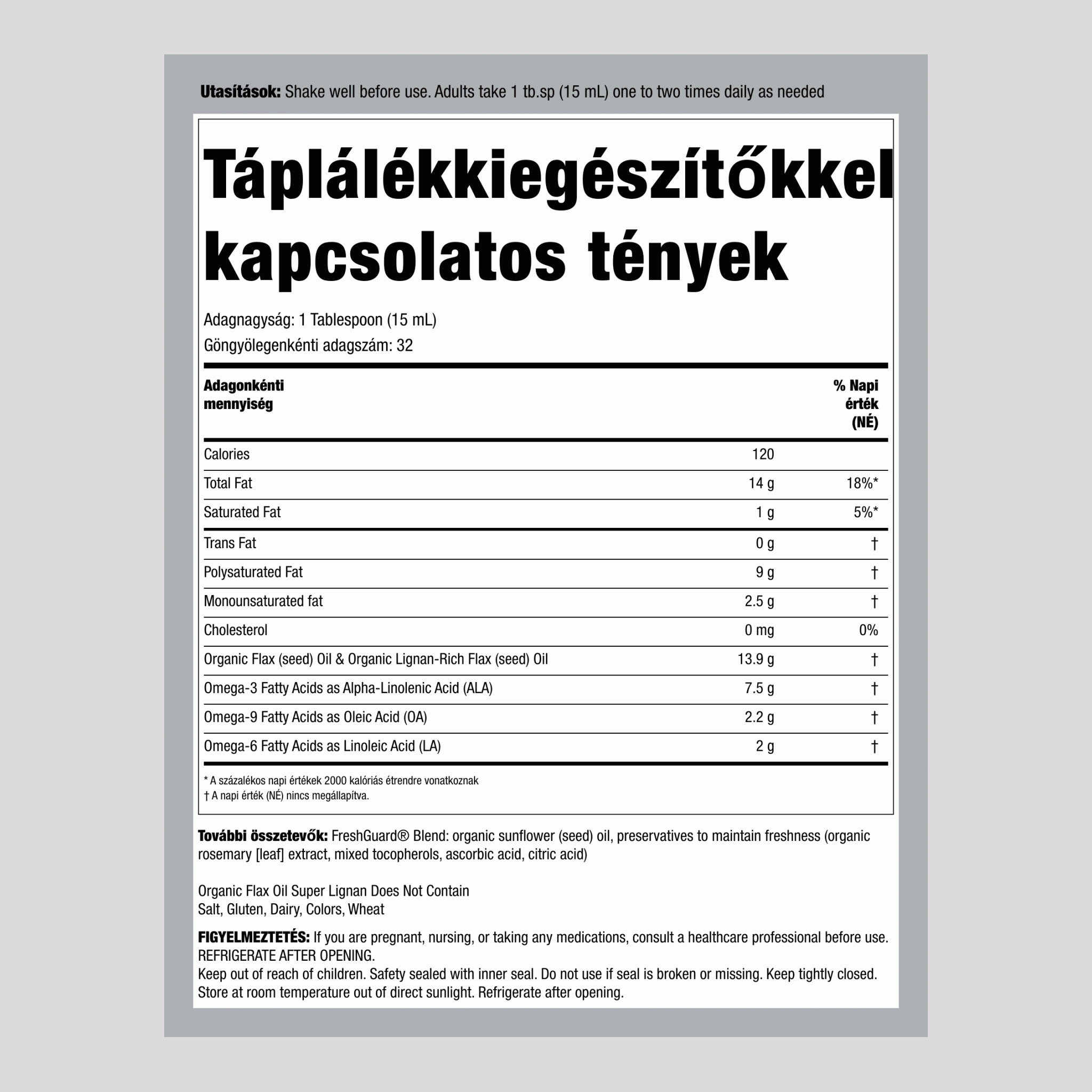 Lenmagolaj lignánokkal (bio), folyékony, 16 fl oz (480 mL) palack