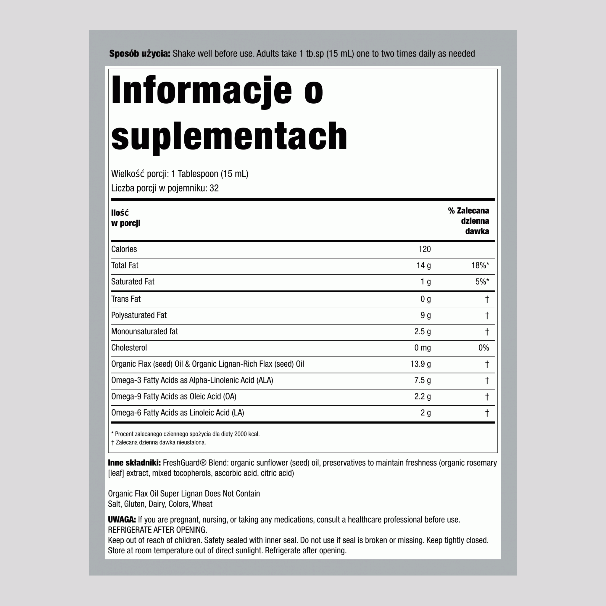Olej lniany z lignanami w płynie (organiczny), butelka 16 fl oz (480 ml)