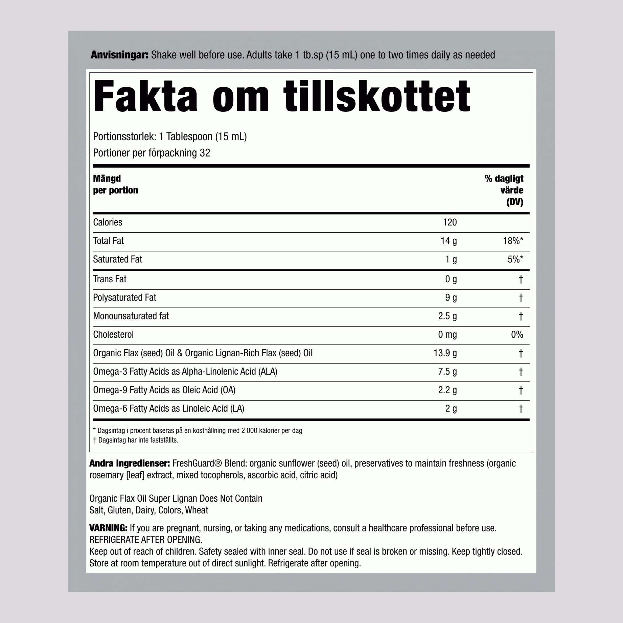 Linfröolja med lignaner flytande (ekologisk), 480 ml flaska