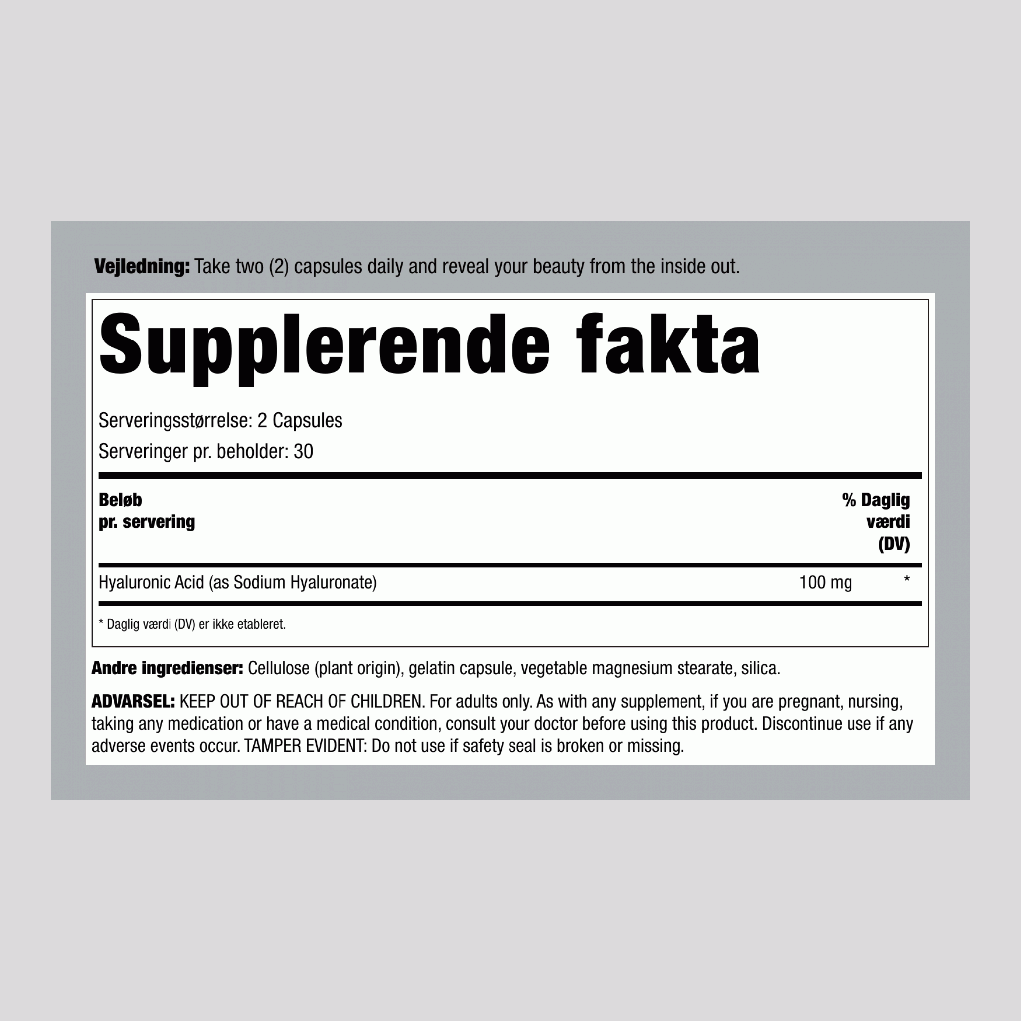 Hyaluronsyre, 100 mg (per portion), 60 kapsler