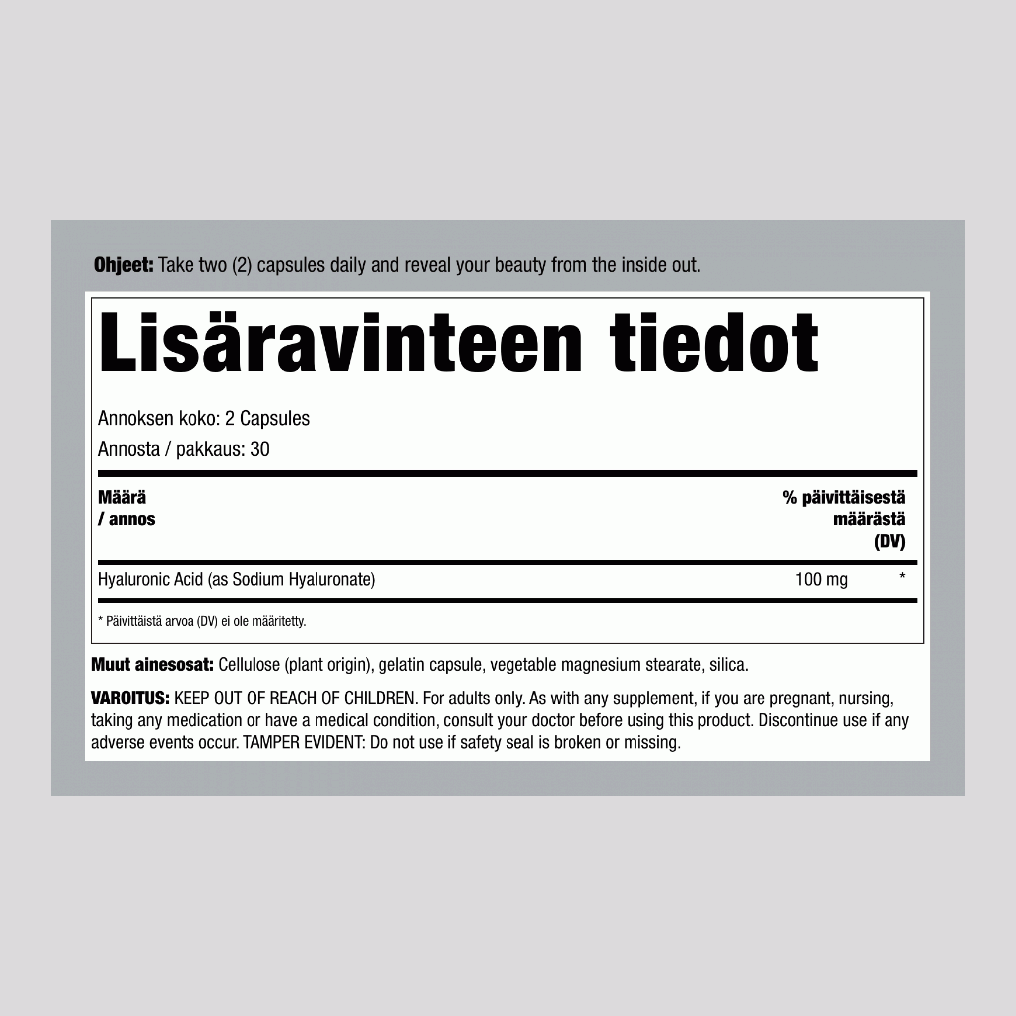 Hyaluronihappo, 100 mg (annosta kohti), 60 kapselia