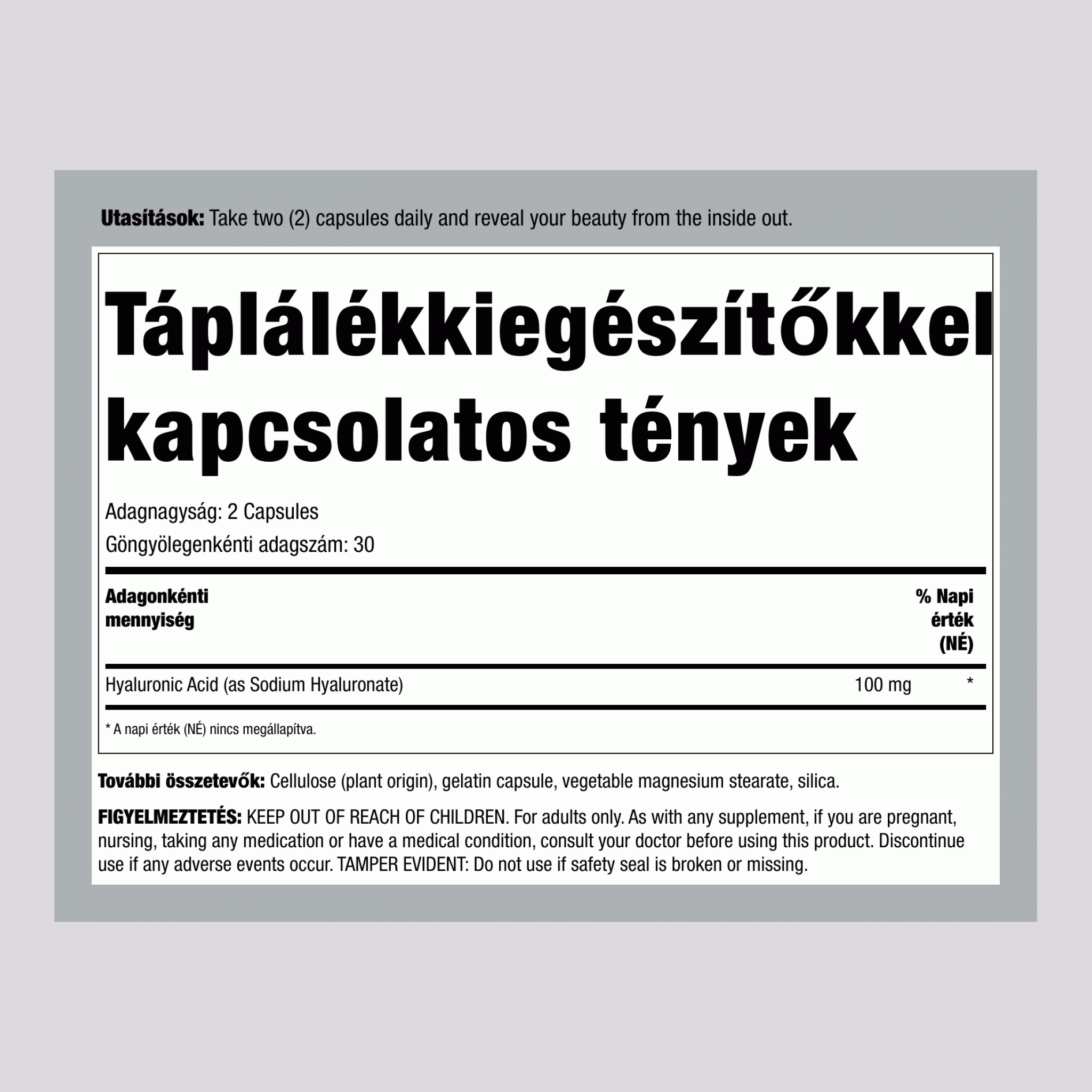 Hialuronsav, 100 mg (adagonként), 60 kapszula