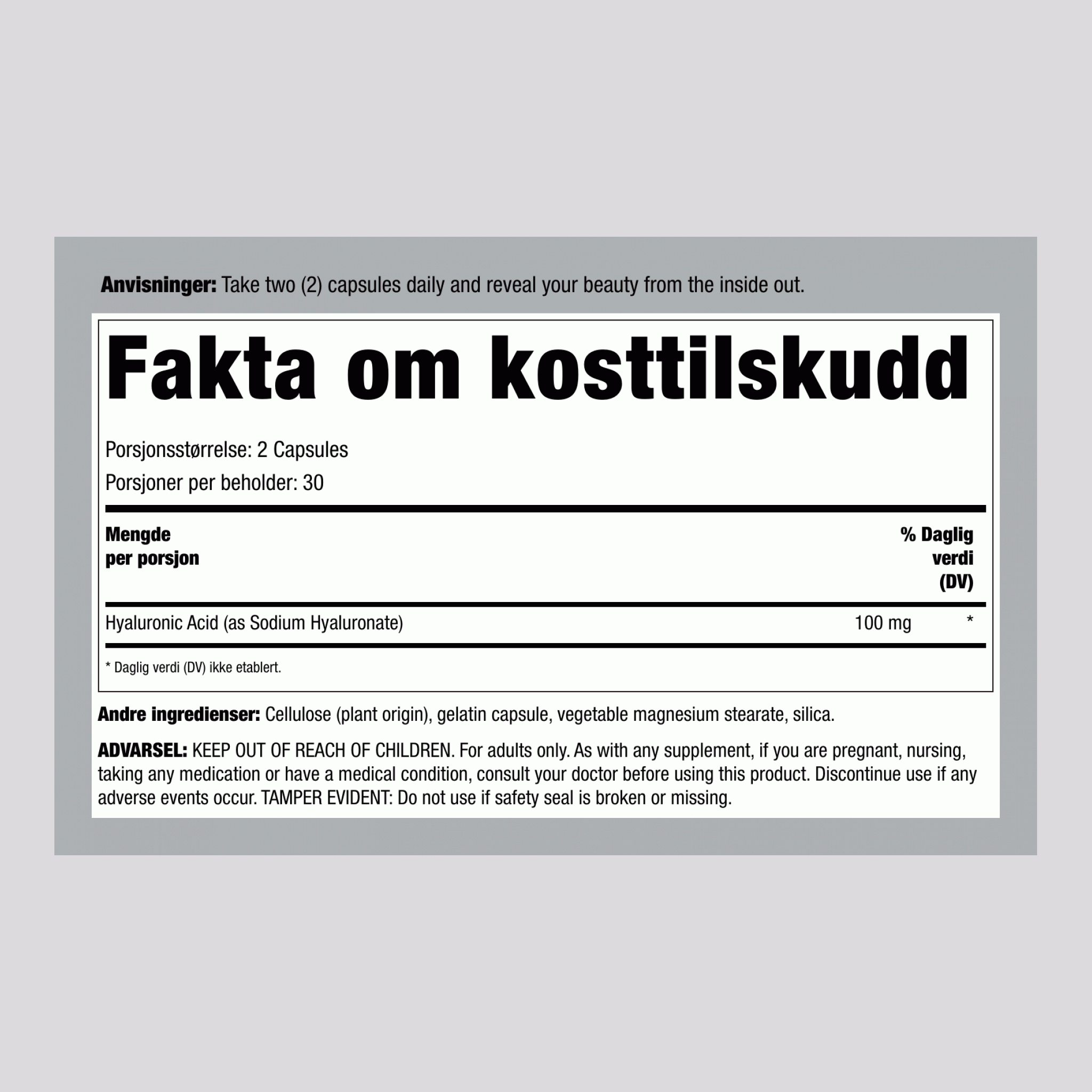 Hyaluronsyre, 100 mg (per porsjon), 60 kapsler