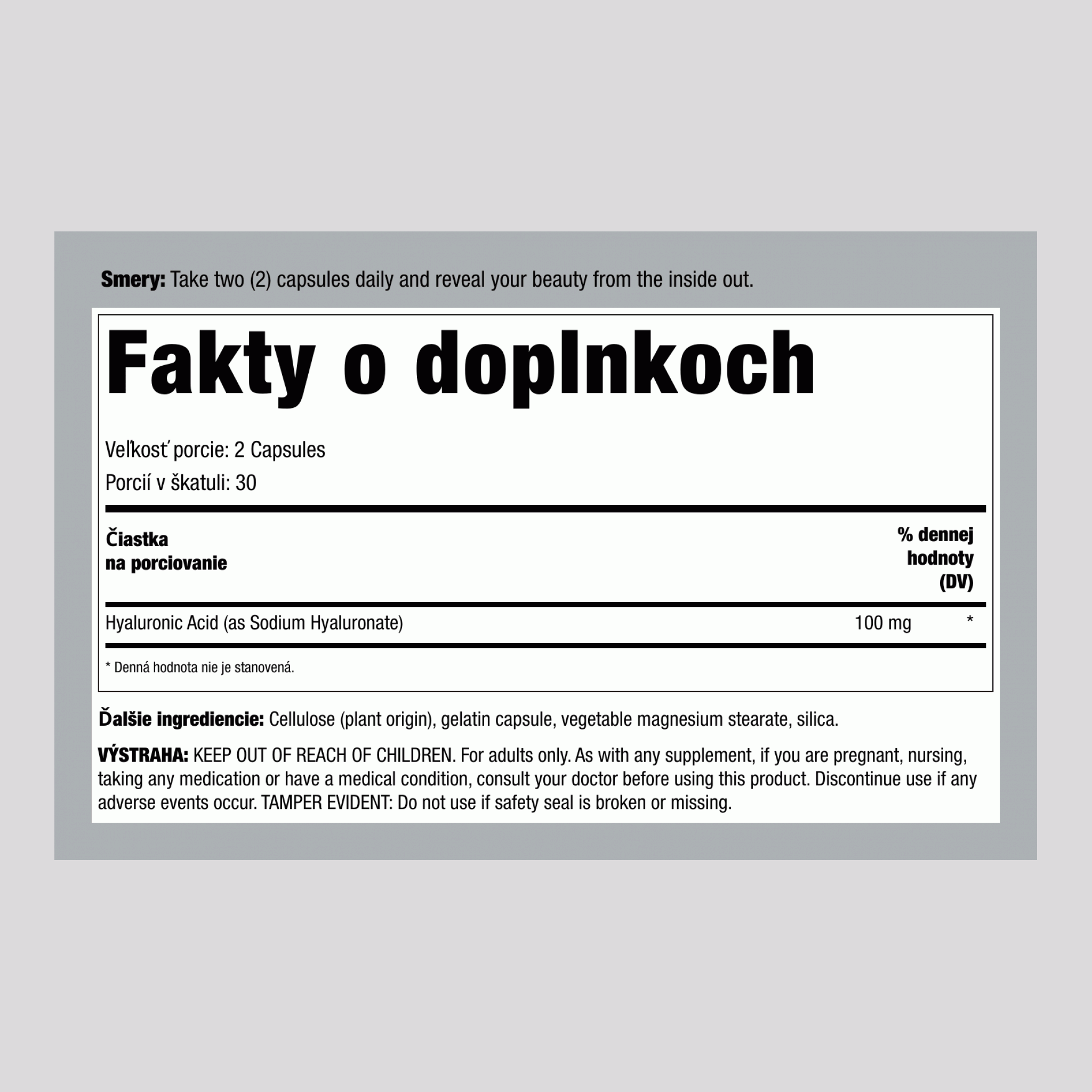 Kyselina hyalurónová, 100 mg (na dávku), 60 kapsúl