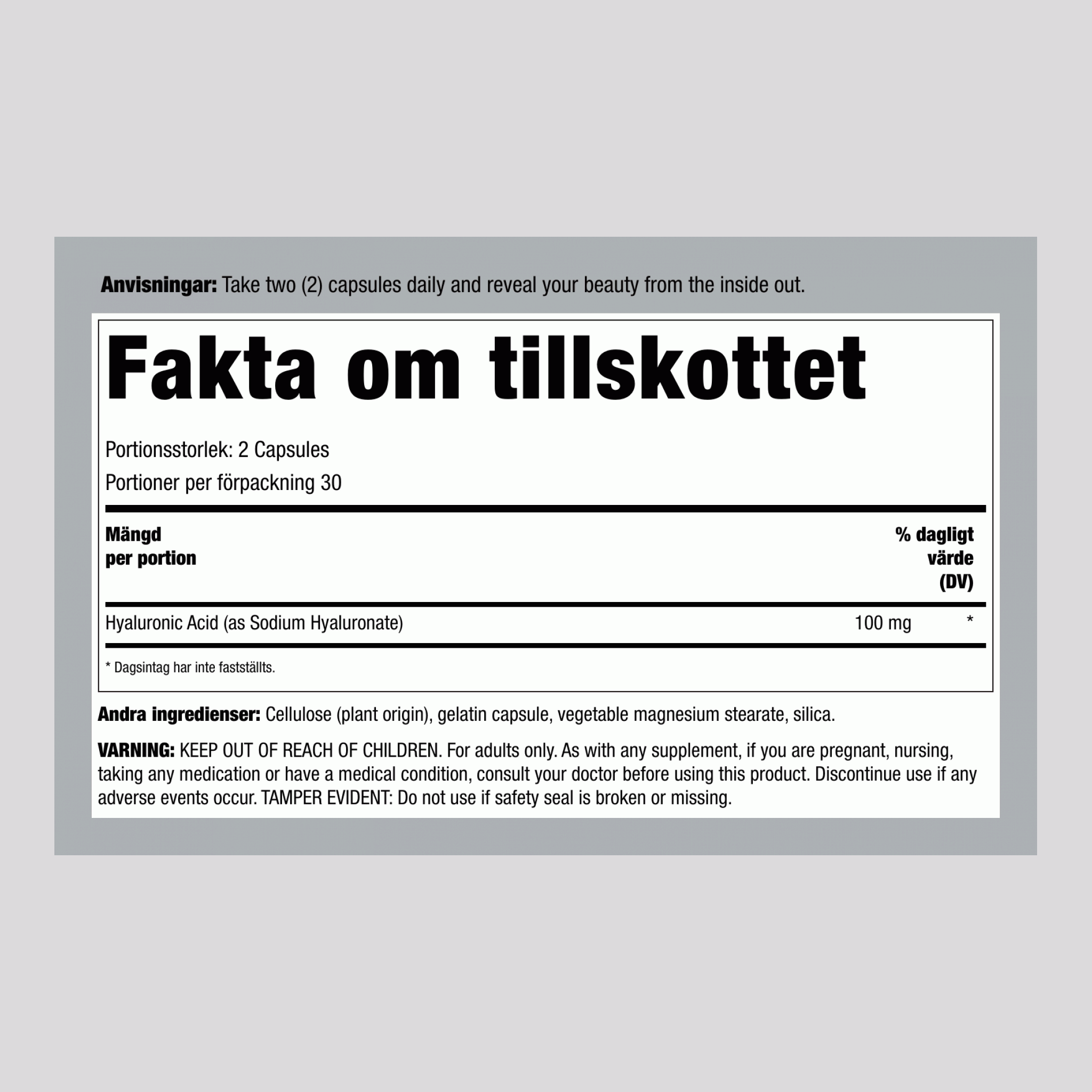 Hyaluronsyra, 100 mg (per portion), 60 kapslar