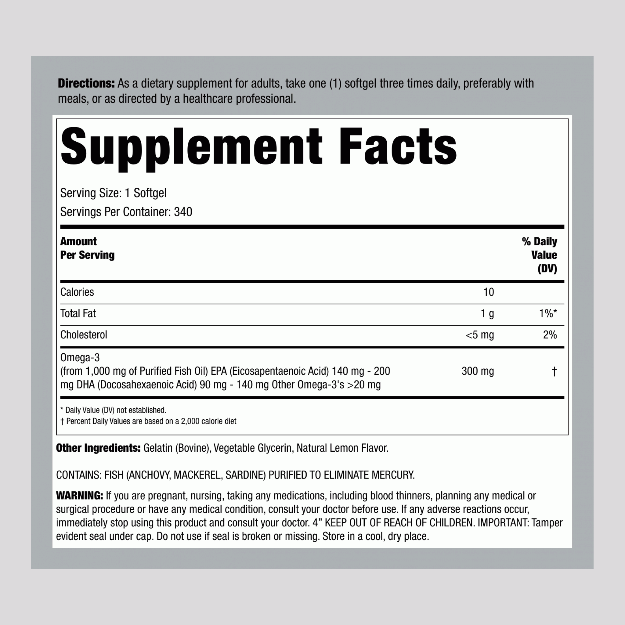 Omega-3 Fish Oil 1000 mg (Natural Lemon Flavor), 340 Softgels