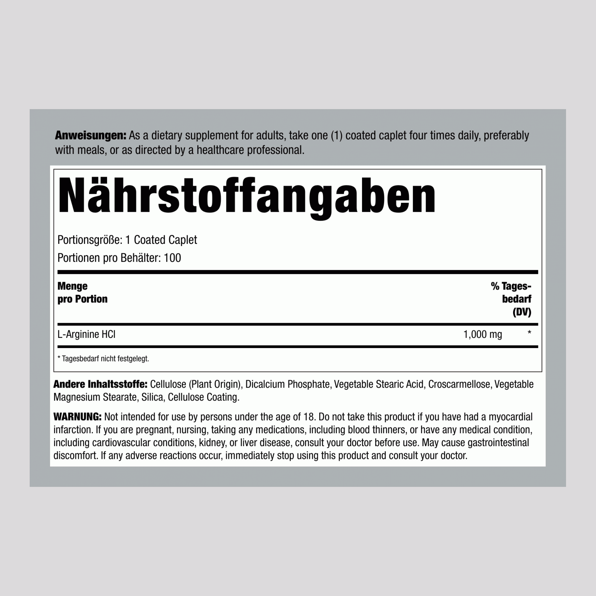 L-Arginin HCL, 1000 mg (pro Portion), 100 überzogene Tabletten